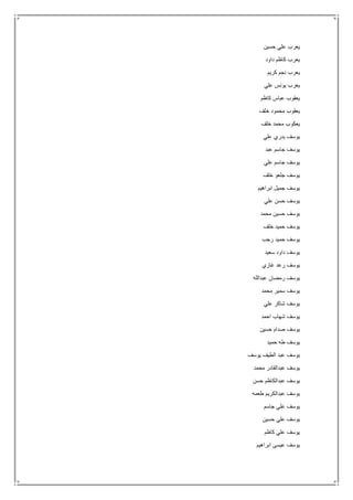 ‫حسين‬ ‫علي‬ ‫يعرب‬
‫داود‬ ‫كاظم‬ ‫يعرب‬
‫كريم‬ ‫نجم‬ ‫يعرب‬
‫علي‬ ‫يونس‬ ‫يعرب‬
‫كاظم‬ ‫عباس‬ ‫يعقوب‬
‫خلف‬ ‫محمود‬ ‫يعقوب‬
‫خلف‬ ‫محمد‬ ‫يعكوب‬
‫علي‬ ‫بدري‬ ‫يوسف‬
‫عبد‬ ‫جاسم‬ ‫يوسف‬
‫علي‬ ‫جاسم‬ ‫يوسف‬
‫خلف‬ ‫جلعو‬ ‫يوسف‬
‫ابراهيم‬ ‫جميل‬ ‫يوسف‬
‫علي‬ ‫حسن‬ ‫يوسف‬
‫محمد‬ ‫حسين‬ ‫يوسف‬
‫خلف‬ ‫حميد‬ ‫يوسف‬
‫رجب‬ ‫حميد‬ ‫يوسف‬
‫داو‬ ‫يوسف‬‫سعيد‬ ‫د‬
‫غازي‬ ‫رعد‬ ‫يوسف‬
‫عبدالله‬ ‫رمضان‬ ‫يوسف‬
‫محمد‬ ‫سمير‬ ‫يوسف‬
‫علي‬ ‫شاكر‬ ‫يوسف‬
‫احمد‬ ‫شهاب‬ ‫يوسف‬
‫حسين‬ ‫صدام‬ ‫يوسف‬
‫حميد‬ ‫طه‬ ‫يوسف‬
‫يوسف‬ ‫الطيف‬ ‫عبد‬ ‫يوسف‬
‫محمد‬ ‫عبدالقادر‬ ‫يوسف‬
‫حسن‬ ‫عبدالكاظم‬ ‫يوسف‬
‫طعمه‬ ‫عبدالكريم‬ ‫يوسف‬
‫جاسم‬ ‫علي‬ ‫يوسف‬
‫حسين‬ ‫علي‬ ‫يوسف‬
‫كاظم‬ ‫علي‬ ‫يوسف‬
‫ابراهيم‬ ‫عيسى‬ ‫يوسف‬
 