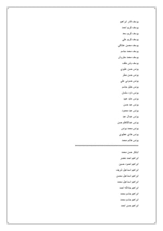 ‫ابراهيم‬ ‫قادر‬ ‫يوسف‬
‫احمد‬ ‫كريم‬ ‫يوسف‬
‫سعد‬ ‫كريم‬ ‫يوسف‬
‫علي‬ ‫كريم‬ ‫يوسف‬
‫عنتاكي‬ ‫محسن‬ ‫يوسف‬
‫جاسم‬ ‫محمد‬ ‫يوسف‬
‫حتروش‬ ‫محمد‬ ‫يوسف‬
‫خلف‬ ‫ياس‬ ‫يوسف‬
‫عليوي‬ ‫حسن‬ ‫يونس‬
‫مطر‬ ‫حسن‬ ‫يونس‬
‫علي‬ ‫حسوني‬ ‫يونس‬
‫جاسم‬ ‫خليل‬ ‫يونس‬
‫سلمان‬ ‫داود‬ ‫يونس‬
‫عبيد‬ ‫عايد‬ ‫يونس‬
‫حسن‬ ‫عبد‬ ‫يونس‬
‫محمود‬ ‫عبد‬ ‫يونس‬
‫عبد‬ ‫عبدال‬ ‫يونس‬
‫حسن‬ ‫عبدالكاظم‬ ‫يونس‬
‫يونس‬ ‫محمد‬ ‫يونس‬
‫عطيوي‬ ‫هادي‬ ‫يونس‬
‫محمد‬ ‫هاشم‬ ‫يونس‬
******************************************************
‫محمد‬ ‫حسن‬ ‫ابابكر‬
‫خضر‬ ‫احمد‬ ‫ابراهيم‬
‫حسين‬ ‫احمود‬ ‫ابراهيم‬
‫شريف‬ ‫اسماعيل‬ ‫ابراهيم‬
‫محسن‬ ‫اسماعيل‬ ‫ابراهيم‬
‫محمد‬ ‫اسماعيل‬ ‫ابراهيم‬
‫احمد‬ ‫جادالله‬ ‫ابراهيم‬
‫محمد‬ ‫جاسم‬ ‫ابراهيم‬
‫محمد‬ ‫جاسم‬ ‫ابراهيم‬
‫احمد‬ ‫حسن‬ ‫ابراهيم‬
 