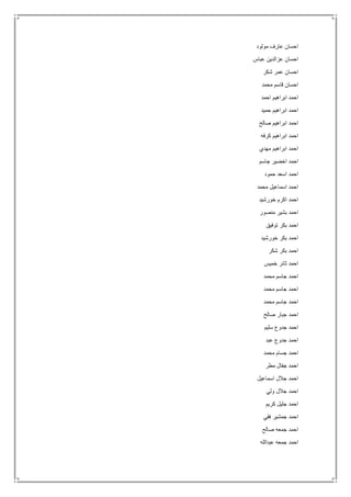 ‫مولود‬ ‫عارف‬ ‫احسان‬
‫عباس‬ ‫عزالدين‬ ‫احسان‬
‫شكر‬ ‫عمر‬ ‫احسان‬
‫محمد‬ ‫قاسم‬ ‫احسان‬
‫اح‬ ‫ابراهيم‬ ‫احمد‬‫مد‬
‫حميد‬ ‫ابراهيم‬ ‫احمد‬
‫صالح‬ ‫ابراهيم‬ ‫احمد‬
‫كرفه‬ ‫ابراهيم‬ ‫احمد‬
‫مهدي‬ ‫ابراهيم‬ ‫احمد‬
‫جاسم‬ ‫اخضير‬ ‫احمد‬
‫حمود‬ ‫اسعد‬ ‫احمد‬
‫محمد‬ ‫اسماعيل‬ ‫احمد‬
‫خورشيد‬ ‫اكرم‬ ‫احمد‬
‫منصور‬ ‫بشير‬ ‫احمد‬
‫توفيق‬ ‫بكر‬ ‫احمد‬
‫خورشيد‬ ‫بكر‬ ‫احمد‬
‫شكر‬ ‫بكر‬ ‫احمد‬
‫خميس‬ ‫ثائر‬ ‫احمد‬
‫محمد‬ ‫جاسم‬ ‫احمد‬
‫محمد‬ ‫جاسم‬ ‫احمد‬
‫محمد‬ ‫جاسم‬ ‫احمد‬
‫صالح‬ ‫جبار‬ ‫احمد‬
‫سليم‬ ‫جدوع‬ ‫احمد‬
‫عبد‬ ‫جدوع‬ ‫احمد‬
‫محمد‬ ‫جسام‬ ‫احمد‬
‫مطر‬ ‫جفال‬ ‫احمد‬
‫اسماعيل‬ ‫جالل‬ ‫احمد‬
‫ولي‬ ‫جالل‬ ‫احمد‬
‫كريم‬ ‫جليل‬ ‫احمد‬
‫فقي‬ ‫جمشير‬ ‫احمد‬
‫صالح‬ ‫جمعه‬ ‫احمد‬
‫عبدالله‬ ‫جمعه‬ ‫احمد‬
 