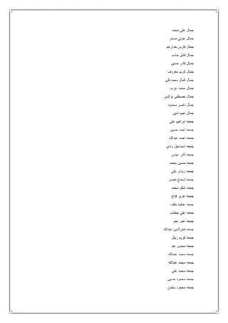 ‫محمد‬ ‫علي‬ ‫جمال‬
‫صابر‬ ‫عوني‬ ‫جمال‬
‫خدارحم‬ ‫فارس‬ ‫جمال‬
‫جاسم‬ ‫فائق‬ ‫جمال‬
‫حسين‬ ‫قادر‬ ‫جمال‬
‫معروف‬ ‫كريم‬ ‫جمال‬
‫محمدعلي‬ ‫كمال‬ ‫جمال‬
‫عرب‬ ‫محمد‬ ‫جمال‬
‫نوالدين‬ ‫مصطفى‬ ‫جمال‬
‫محمود‬ ‫ناصر‬ ‫جمال‬
‫امين‬ ‫نجيم‬ ‫جمال‬
‫علي‬ ‫ابراهيم‬ ‫جمعه‬
‫حسين‬ ‫احمد‬ ‫جمعه‬
‫عبدالله‬ ‫احمد‬ ‫جمعه‬
‫وادي‬ ‫اسماعيل‬ ‫جمعه‬
‫عباس‬ ‫ثائر‬ ‫جمعه‬
‫محمد‬ ‫حسين‬ ‫جمعه‬
‫علي‬ ‫زيدان‬ ‫جمعه‬
‫خضر‬ ‫شجاع‬ ‫جمعه‬
‫محمد‬ ‫شللو‬ ‫جمعه‬
‫فتاح‬ ‫عزيز‬ ‫جمعه‬
‫خلف‬ ‫عطيه‬ ‫جمعه‬
‫خطاب‬ ‫علي‬ ‫جمعه‬
‫نجم‬ ‫عمر‬ ‫جمعه‬
‫عبدالله‬ ‫فخرالدين‬ ‫جمعه‬
‫زينل‬ ‫كريم‬ ‫جمعه‬
‫عبد‬ ‫محسن‬ ‫جمعه‬
‫عبدالله‬ ‫محمد‬ ‫جمعه‬
‫عبدالله‬ ‫محمد‬ ‫جمعه‬
‫علي‬ ‫محمد‬ ‫جمعه‬
‫حسين‬ ‫محمود‬ ‫جمعه‬
‫سلمان‬ ‫محمود‬ ‫جمعه‬
 