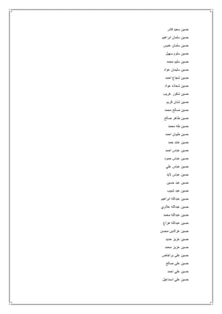 ‫قادر‬ ‫سعيد‬ ‫حسين‬
‫ابراهيم‬ ‫سلمان‬ ‫حسين‬
‫عنيس‬ ‫سلمان‬ ‫حسين‬
‫سهيل‬ ‫سلوم‬ ‫حسين‬
‫محمد‬ ‫سليم‬ ‫حسين‬
‫عواد‬ ‫سليمان‬ ‫حسين‬
‫احمد‬ ‫شجاع‬ ‫حسين‬
‫عواد‬ ‫شحاذه‬ ‫حسين‬
‫غريب‬ ‫شكور‬ ‫حسين‬
‫كريم‬ ‫شنان‬ ‫حسين‬
‫محمد‬ ‫صالح‬ ‫حسين‬
‫صالح‬ ‫طاهر‬ ‫حسين‬
‫محمد‬ ‫طه‬ ‫حسين‬
‫احمد‬ ‫طيبان‬ ‫حسين‬
‫حمد‬ ‫عابد‬ ‫حسين‬
‫احمد‬ ‫عباس‬ ‫حسين‬
‫حمود‬ ‫عباس‬ ‫حسين‬
‫علي‬ ‫عباس‬ ‫حسين‬
‫اليذ‬ ‫عباس‬ ‫حسين‬
‫حسين‬ ‫عبد‬ ‫حسين‬
‫شبيب‬ ‫عبد‬ ‫حسين‬
‫ابراهيم‬ ‫عبدالله‬ ‫حسين‬
‫عالوي‬ ‫عبدالله‬ ‫حسين‬
‫محمد‬ ‫عبدالله‬ ‫حسين‬
‫هزاع‬ ‫عبدالله‬ ‫حسين‬
‫محسن‬ ‫عزالدين‬ ‫حسين‬
‫حديد‬ ‫عزيز‬ ‫حسين‬
‫محمد‬ ‫عزيز‬ ‫حسين‬
‫براخاص‬ ‫على‬ ‫حسين‬
‫صالح‬ ‫على‬ ‫حسين‬
‫احمد‬ ‫علي‬ ‫حسين‬
‫اسماعيل‬ ‫علي‬ ‫حسين‬
 