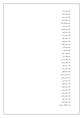 ‫داود‬ ‫بهجت‬ ‫عالء‬
‫محمد‬ ‫جاسم‬ ‫عالء‬
‫بريسم‬ ‫جبار‬ ‫عالء‬
‫حسين‬ ‫جمعه‬ ‫عالء‬
‫عالء‬‫سلمان‬ ‫حسبالله‬
‫علي‬ ‫حسن‬ ‫عالء‬
‫غضيب‬ ‫حسن‬ ‫عالء‬
‫ناصر‬ ‫حسن‬ ‫عالء‬
‫زيدان‬ ‫حسين‬ ‫عالء‬
‫علي‬ ‫حسين‬ ‫عالء‬
‫فليح‬ ‫حسين‬ ‫عالء‬
‫كاضم‬ ‫حسين‬ ‫عالء‬
‫جاسم‬ ‫حميد‬ ‫عالء‬
‫احمد‬ ‫خالد‬ ‫عالء‬
‫عباس‬ ‫خضر‬ ‫عالء‬
‫حسن‬ ‫خلف‬ ‫عالء‬
‫ابراهيم‬ ‫خليل‬ ‫عالء‬
‫ابراهيم‬ ‫خليل‬ ‫عالء‬
‫حميد‬ ‫رشيد‬ ‫عالء‬
‫عبود‬ ‫سعدون‬ ‫عالء‬
‫كاظم‬ ‫شالل‬ ‫عالء‬
‫ع‬‫ابراهيم‬ ‫صباح‬ ‫الء‬
‫جميل‬ ‫ضيدان‬ ‫عالء‬
‫علي‬ ‫عادل‬ ‫عالء‬
‫كاظم‬ ‫عادل‬ ‫عالء‬
‫خضير‬ ‫عامر‬ ‫عالء‬
‫حسين‬ ‫عباس‬ ‫عالء‬
‫زيدان‬ ‫عباس‬ ‫عالء‬
‫صالح‬ ‫عباس‬ ‫عالء‬
‫علي‬ ‫عباس‬ ‫عالء‬
‫فاضل‬ ‫عباس‬ ‫عالء‬
‫رزوقي‬ ‫عبدالقادر‬ ‫عالء‬
 