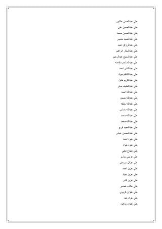 ‫عاشور‬ ‫عبدالحسن‬ ‫علي‬
‫علي‬ ‫عبدالحسين‬ ‫علي‬
‫محمد‬ ‫عبدالحسين‬ ‫علي‬
‫خميس‬ ‫عبدالحميد‬ ‫علي‬
‫احمد‬ ‫عبدالرزاق‬ ‫علي‬
‫ابراهيم‬ ‫عبدالستار‬ ‫علي‬
‫عبدال‬ ‫علي‬‫عبدالرحيم‬ ‫سميع‬
‫طعمه‬ ‫عبدالصاحب‬ ‫علي‬
‫احمد‬ ‫عبدالقادر‬ ‫علي‬
‫جواد‬ ‫عبدالكاظم‬ ‫علي‬
‫خليل‬ ‫عبدالكريم‬ ‫علي‬
‫جابر‬ ‫عبداللطيف‬ ‫علي‬
‫احمد‬ ‫عبدالله‬ ‫علي‬
‫حسين‬ ‫عبدالله‬ ‫علي‬
‫خليفه‬ ‫عبدالله‬ ‫علي‬
‫خماس‬ ‫عبدالله‬ ‫علي‬
‫محمد‬ ‫عبدالله‬ ‫علي‬
‫محمد‬ ‫عبدالله‬ ‫علي‬
‫فرج‬ ‫عبدالمجيد‬ ‫علي‬
‫عباس‬ ‫عبدالمحسن‬ ‫علي‬
‫عب‬ ‫علي‬‫احمد‬ ‫ود‬
‫جواد‬ ‫عبود‬ ‫علي‬
‫منفي‬ ‫عجاج‬ ‫علي‬
‫جاسم‬ ‫عريبي‬ ‫علي‬
‫سرحان‬ ‫عزال‬ ‫علي‬
‫احمد‬ ‫عزيز‬ ‫علي‬
‫جياد‬ ‫عزيز‬ ‫علي‬
‫قادر‬ ‫عزيز‬ ‫علي‬
‫خضير‬ ‫عكاب‬ ‫علي‬
‫كريوي‬ ‫علوان‬ ‫علي‬
‫عبد‬ ‫عواد‬ ‫علي‬
‫شاهين‬ ‫عيدان‬ ‫علي‬
 
