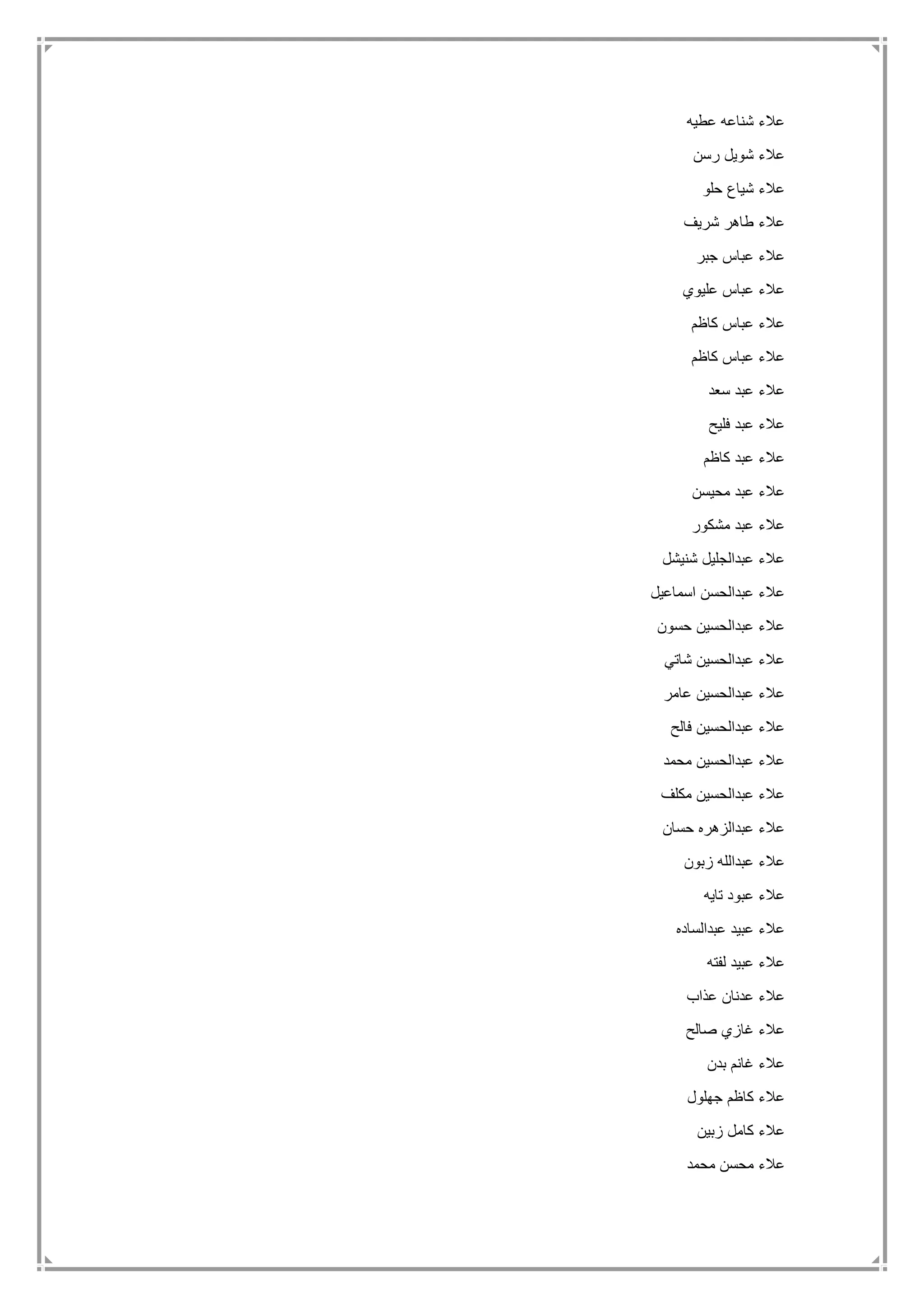 ‫عطيه‬ ‫شناعه‬ ‫عالء‬
‫رسن‬ ‫شويل‬ ‫عالء‬
‫حلو‬ ‫شياع‬ ‫عالء‬
‫شريف‬ ‫طاهر‬ ‫عالء‬
‫جبر‬ ‫عباس‬ ‫عالء‬
‫عليوي‬ ‫عباس‬ ‫عالء‬
‫كاظم‬ ‫عباس‬ ‫عالء‬
‫كاظم‬ ‫عباس‬ ‫عالء‬
‫سعد‬ ‫عبد‬ ‫عالء‬
‫فليح‬ ‫عبد‬ ‫عالء‬
‫كاظم‬ ‫عبد‬ ‫عالء‬
‫محيسن‬ ‫عبد‬ ‫عالء‬
‫مشكور‬ ‫عبد‬ ‫عالء‬
‫شنيشل‬ ‫عبدالجليل‬ ‫عالء‬
‫اسماعيل‬ ‫عبدالحسن‬ ‫عالء‬
‫حسون‬ ‫عبدالحسين‬ ‫عالء‬
‫شاتي‬ ‫عبدالحسين‬ ‫عالء‬
‫عامر‬ ‫عبدالحسين‬ ‫عالء‬
‫فالح‬ ‫عبدالحسين‬ ‫عالء‬
‫محمد‬ ‫عبدالحسين‬ ‫عالء‬
‫مكلف‬ ‫عبدالحسين‬ ‫عالء‬
‫حسان‬ ‫عبدالزهره‬ ‫عالء‬
‫زبون‬ ‫عبدالله‬ ‫عالء‬
‫ت‬ ‫عبود‬ ‫عالء‬‫ايه‬
‫عبدالساده‬ ‫عبيد‬ ‫عالء‬
‫لفته‬ ‫عبيد‬ ‫عالء‬
‫عذاب‬ ‫عدنان‬ ‫عالء‬
‫صالح‬ ‫غازي‬ ‫عالء‬
‫بدن‬ ‫غانم‬ ‫عالء‬
‫جهلول‬ ‫كاظم‬ ‫عالء‬
‫زبين‬ ‫كامل‬ ‫عالء‬
‫محمد‬ ‫محسن‬ ‫عالء‬
 