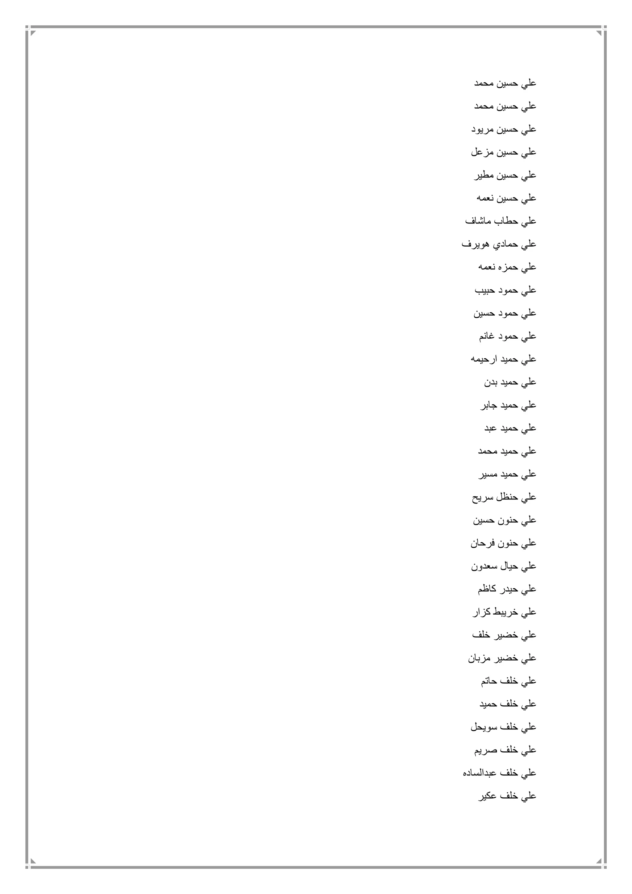‫محمد‬ ‫حسين‬ ‫علي‬
‫محمد‬ ‫حسين‬ ‫علي‬
‫مري‬ ‫حسين‬ ‫علي‬‫ود‬
‫مزعل‬ ‫حسين‬ ‫علي‬
‫مطير‬ ‫حسين‬ ‫علي‬
‫نعمه‬ ‫حسين‬ ‫علي‬
‫ماشاف‬ ‫حطاب‬ ‫علي‬
‫هويرف‬ ‫حمادي‬ ‫علي‬
‫نعمه‬ ‫حمزه‬ ‫علي‬
‫حبيب‬ ‫حمود‬ ‫علي‬
‫حسين‬ ‫حمود‬ ‫علي‬
‫غانم‬ ‫حمود‬ ‫علي‬
‫ارحيمه‬ ‫حميد‬ ‫علي‬
‫بدن‬ ‫حميد‬ ‫علي‬
‫جابر‬ ‫حميد‬ ‫علي‬
‫عبد‬ ‫حميد‬ ‫علي‬
‫محمد‬ ‫حميد‬ ‫علي‬
‫مسير‬ ‫حميد‬ ‫علي‬
‫سريح‬ ‫حنظل‬ ‫علي‬
‫حسين‬ ‫حنون‬ ‫علي‬
‫فرحان‬ ‫حنون‬ ‫علي‬
‫سعدون‬ ‫حيال‬ ‫علي‬
‫كاظم‬ ‫حيدر‬ ‫علي‬
‫كزار‬ ‫خريبط‬ ‫علي‬
‫خلف‬ ‫خضير‬ ‫علي‬
‫مزبان‬ ‫خضير‬ ‫علي‬
‫حاتم‬ ‫خلف‬ ‫علي‬
‫حميد‬ ‫خلف‬ ‫علي‬
‫سويحل‬ ‫خلف‬ ‫علي‬
‫صريم‬ ‫خلف‬ ‫علي‬
‫عبدالساده‬ ‫خلف‬ ‫علي‬
‫عكير‬ ‫خلف‬ ‫علي‬
 