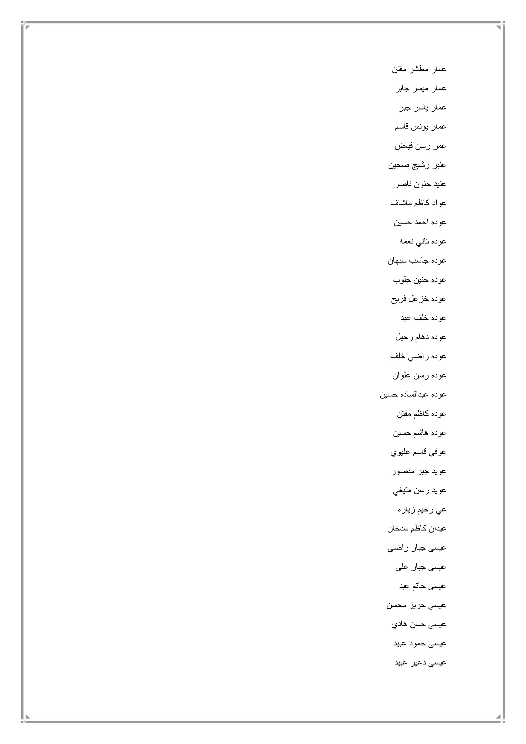 ‫مفتن‬ ‫مطشر‬ ‫عمار‬
‫جابر‬ ‫ميسر‬ ‫عمار‬
‫جبر‬ ‫ياسر‬ ‫عمار‬
‫قاسم‬ ‫يونس‬ ‫عمار‬
‫فياض‬ ‫رسن‬ ‫عمر‬
‫صحين‬ ‫رشيج‬ ‫عنبر‬
‫ناصر‬ ‫حنون‬ ‫عنيد‬
‫ماشاف‬ ‫كاظم‬ ‫عواد‬
‫حسين‬ ‫احمد‬ ‫عوده‬
‫نعمه‬ ‫ثاني‬ ‫عوده‬
‫سبهان‬ ‫جاسب‬ ‫عوده‬
‫جلوب‬ ‫حنين‬ ‫عوده‬
‫فريح‬ ‫خزعل‬ ‫عوده‬
‫عبد‬ ‫خلف‬ ‫عوده‬
‫رحيل‬ ‫دهام‬ ‫عوده‬
‫خلف‬ ‫راضي‬ ‫عوده‬
‫علوان‬ ‫رسن‬ ‫عوده‬
‫عو‬‫حسين‬ ‫عبدالساده‬ ‫ده‬
‫مفتن‬ ‫كاظم‬ ‫عوده‬
‫حسين‬ ‫هاشم‬ ‫عوده‬
‫عليوي‬ ‫قاسم‬ ‫عوفي‬
‫منصور‬ ‫جبر‬ ‫عويد‬
‫متيغي‬ ‫رسن‬ ‫عويد‬
‫زياره‬ ‫رحيم‬ ‫عي‬
‫سدخان‬ ‫كاظم‬ ‫عيدان‬
‫راضي‬ ‫جبار‬ ‫عيسى‬
‫علي‬ ‫جبار‬ ‫عيسى‬
‫عبد‬ ‫حاتم‬ ‫عيسى‬
‫محسن‬ ‫حريز‬ ‫عيسى‬
‫هادي‬ ‫حسن‬ ‫عيسى‬
‫عبيد‬ ‫حمود‬ ‫عيسى‬
‫عبيد‬ ‫دعير‬ ‫عيسى‬
 