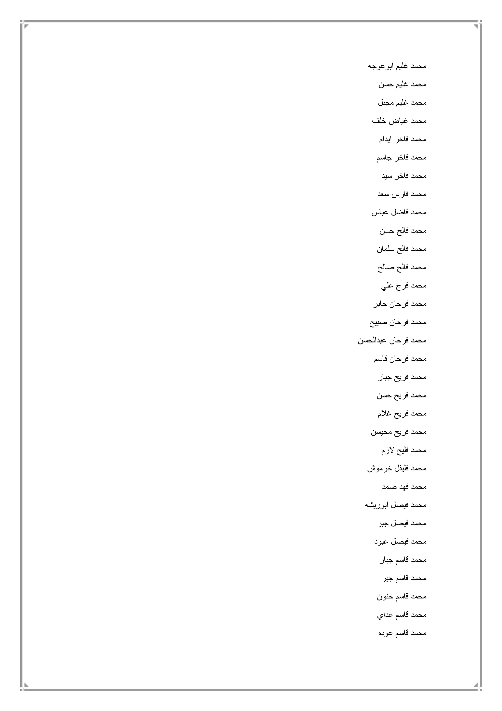 ‫ابوعوجه‬ ‫غليم‬ ‫محمد‬
‫حسن‬ ‫غليم‬ ‫محمد‬
‫مجبل‬ ‫غليم‬ ‫محمد‬
‫خلف‬ ‫غياض‬ ‫محمد‬
‫ايدام‬ ‫فاخر‬ ‫محمد‬
‫جاسم‬ ‫فاخر‬ ‫محمد‬
‫سيد‬ ‫فاخر‬ ‫محمد‬
‫سعد‬ ‫فارس‬ ‫محمد‬
‫عباس‬ ‫فاضل‬ ‫محمد‬
‫حسن‬ ‫فالح‬ ‫محمد‬
‫سلمان‬ ‫فالح‬ ‫محمد‬
‫صالح‬ ‫فالح‬ ‫محمد‬
‫علي‬ ‫فرج‬ ‫محمد‬
‫جابر‬ ‫فرحان‬ ‫محمد‬
‫صبيح‬ ‫فرحان‬ ‫محمد‬
‫عبدالحسن‬ ‫فرحان‬ ‫محمد‬
‫قاسم‬ ‫فرحان‬ ‫محمد‬
‫جبار‬ ‫فريح‬ ‫محمد‬
‫حسن‬ ‫فريح‬ ‫محمد‬
‫غالم‬ ‫فريح‬ ‫محمد‬
‫محيسن‬ ‫فريح‬ ‫محمد‬
‫الزم‬ ‫فليح‬ ‫محمد‬
‫خرموش‬ ‫فليفل‬ ‫محمد‬
‫ضمد‬ ‫فهد‬ ‫محمد‬
‫ابوريشه‬ ‫فيصل‬ ‫محمد‬
‫جبر‬ ‫فيصل‬ ‫محمد‬
‫عبود‬ ‫فيصل‬ ‫محمد‬
‫جبار‬ ‫قاسم‬ ‫محمد‬
‫جبر‬ ‫قاسم‬ ‫محمد‬
‫حنون‬ ‫قاسم‬ ‫محمد‬
‫عداي‬ ‫قاسم‬ ‫محمد‬
‫قاسم‬ ‫محمد‬‫عوده‬
 