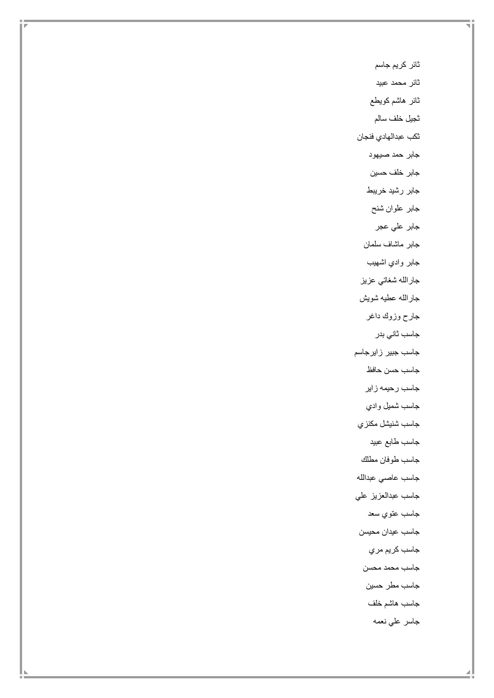 ‫جاسم‬ ‫كريم‬ ‫ثائر‬
‫عبيد‬ ‫محمد‬ ‫ثائر‬
‫كويطع‬ ‫هاشم‬ ‫ثائر‬
‫خ‬ ‫ثجيل‬‫سالم‬ ‫لف‬
‫فنجان‬ ‫عبدالهادي‬ ‫ثكب‬
‫صيهود‬ ‫حمد‬ ‫جابر‬
‫حسين‬ ‫خلف‬ ‫جابر‬
‫خريبط‬ ‫رشيد‬ ‫جابر‬
‫شنح‬ ‫علوان‬ ‫جابر‬
‫عجر‬ ‫علي‬ ‫جابر‬
‫سلمان‬ ‫ماشاف‬ ‫جابر‬
‫اشهيب‬ ‫وادي‬ ‫جابر‬
‫عزيز‬ ‫شغاتي‬ ‫جارالله‬
‫شويش‬ ‫عطيه‬ ‫جارالله‬
‫داغر‬ ‫وزوك‬ ‫جارح‬
‫بدر‬ ‫ثاني‬ ‫جاسب‬
‫زايرجاسم‬ ‫جبير‬ ‫جاسب‬
‫حافظ‬ ‫حسن‬ ‫جاسب‬
‫زاير‬ ‫رحيمه‬ ‫جاسب‬
‫وادي‬ ‫شميل‬ ‫جاسب‬
‫مكنزي‬ ‫شنيشل‬ ‫جاسب‬
‫عبيد‬ ‫طابع‬ ‫جاسب‬
‫مطلك‬ ‫طوفان‬ ‫جاسب‬
‫عبدالله‬ ‫عاصي‬ ‫جاسب‬
‫علي‬ ‫عبدالعزيز‬ ‫جاسب‬
‫سعد‬ ‫عتوي‬ ‫جاسب‬
‫محيسن‬ ‫عيدان‬ ‫جاسب‬
‫مري‬ ‫كريم‬ ‫جاسب‬
‫محسن‬ ‫محمد‬ ‫جاسب‬
‫حسين‬ ‫مطر‬ ‫جاسب‬
‫خلف‬ ‫هاشم‬ ‫جاسب‬
‫نعمه‬ ‫علي‬ ‫جاسر‬
 