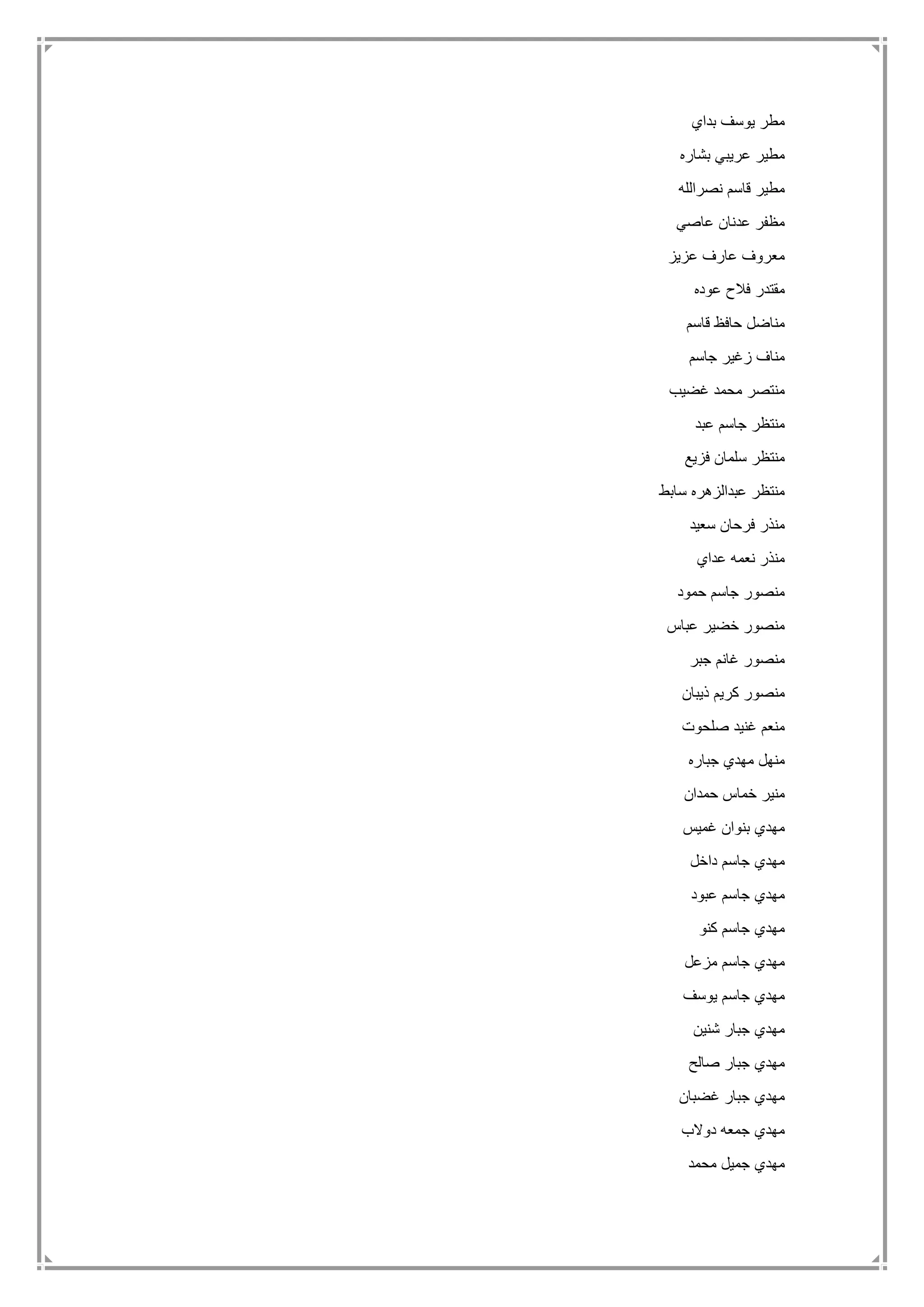‫بداي‬ ‫يوسف‬ ‫مطر‬
‫بشاره‬ ‫عريبي‬ ‫مطير‬
‫نصرالله‬ ‫قاسم‬ ‫مطير‬
‫عدنان‬ ‫مظفر‬‫عاصي‬
‫عزيز‬ ‫عارف‬ ‫معروف‬
‫عوده‬ ‫فالح‬ ‫مقتدر‬
‫قاسم‬ ‫حافظ‬ ‫مناضل‬
‫جاسم‬ ‫زغير‬ ‫مناف‬
‫غضيب‬ ‫محمد‬ ‫منتصر‬
‫عبد‬ ‫جاسم‬ ‫منتظر‬
‫فزيع‬ ‫سلمان‬ ‫منتظر‬
‫سابط‬ ‫عبدالزهره‬ ‫منتظر‬
‫سعيد‬ ‫فرحان‬ ‫منذر‬
‫عداي‬ ‫نعمه‬ ‫منذر‬
‫حمود‬ ‫جاسم‬ ‫منصور‬
‫عباس‬ ‫خضير‬ ‫منصور‬
‫جبر‬ ‫غانم‬ ‫منصور‬
‫ذيبان‬ ‫كريم‬ ‫منصور‬
‫صلحوت‬ ‫غنيد‬ ‫منعم‬
‫مهد‬ ‫منهل‬‫جباره‬ ‫ي‬
‫حمدان‬ ‫خماس‬ ‫منير‬
‫غميس‬ ‫بنوان‬ ‫مهدي‬
‫داخل‬ ‫جاسم‬ ‫مهدي‬
‫عبود‬ ‫جاسم‬ ‫مهدي‬
‫كنو‬ ‫جاسم‬ ‫مهدي‬
‫مزعل‬ ‫جاسم‬ ‫مهدي‬
‫يوسف‬ ‫جاسم‬ ‫مهدي‬
‫شنين‬ ‫جبار‬ ‫مهدي‬
‫صالح‬ ‫جبار‬ ‫مهدي‬
‫غضبان‬ ‫جبار‬ ‫مهدي‬
‫دوالب‬ ‫جمعه‬ ‫مهدي‬
‫محمد‬ ‫جميل‬ ‫مهدي‬
 
