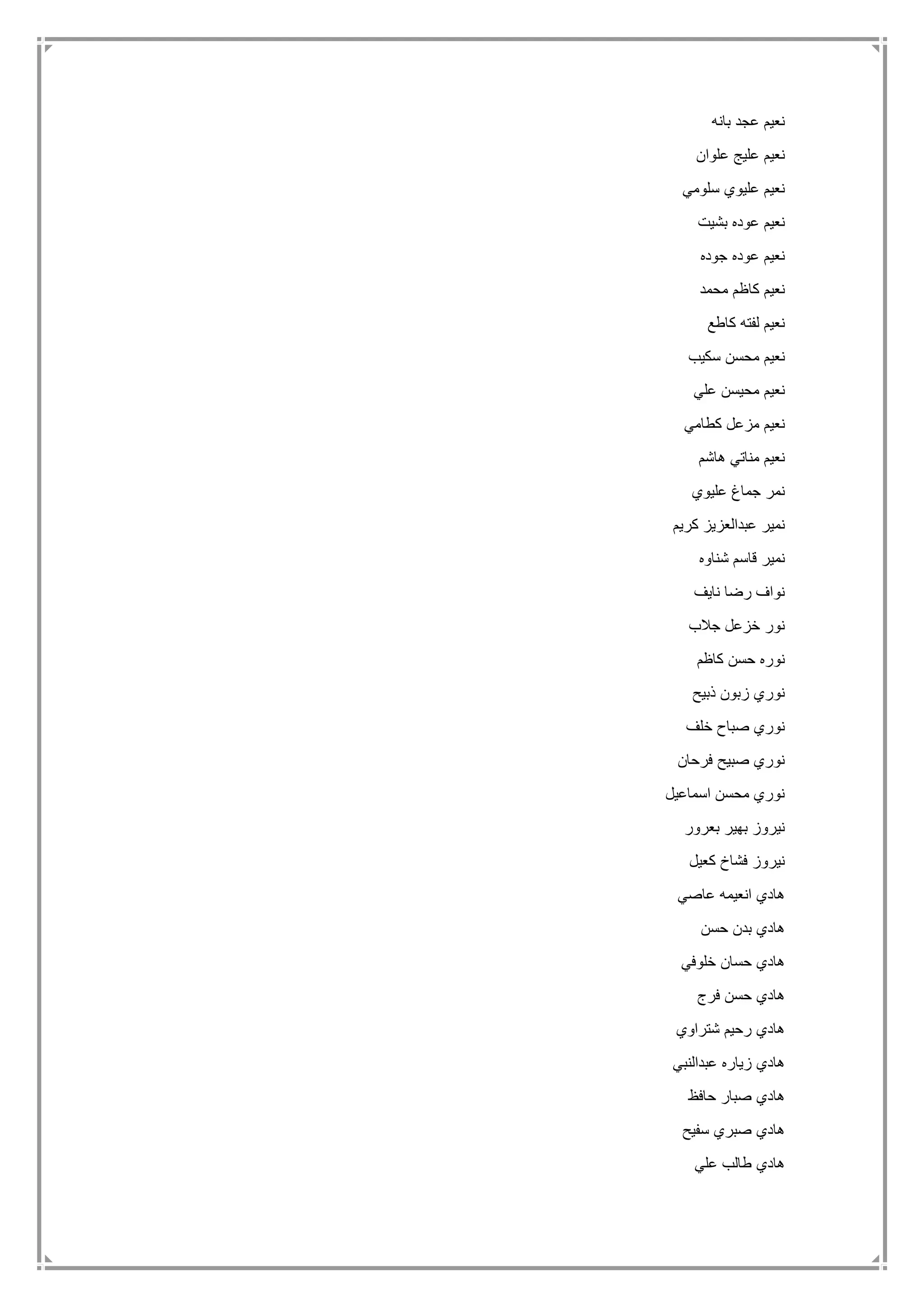 ‫بانه‬ ‫عجد‬ ‫نعيم‬
‫علوان‬ ‫عليج‬ ‫نعيم‬
‫سلومي‬ ‫عليوي‬ ‫نعيم‬
‫بشيت‬ ‫عوده‬ ‫نعيم‬
‫جوده‬ ‫عوده‬ ‫نعيم‬
‫محمد‬ ‫كاظم‬ ‫نعيم‬
‫كاطع‬ ‫لفته‬ ‫نعيم‬
‫م‬ ‫نعيم‬‫سكيب‬ ‫حسن‬
‫علي‬ ‫محيسن‬ ‫نعيم‬
‫كطامي‬ ‫مزعل‬ ‫نعيم‬
‫هاشم‬ ‫مناتي‬ ‫نعيم‬
‫عليوي‬ ‫جماغ‬ ‫نمر‬
‫كريم‬ ‫عبدالعزيز‬ ‫نمير‬
‫شناوه‬ ‫قاسم‬ ‫نمير‬
‫نايف‬ ‫رضا‬ ‫نواف‬
‫جالب‬ ‫خزعل‬ ‫نور‬
‫كاظم‬ ‫حسن‬ ‫نوره‬
‫ذبيح‬ ‫زبون‬ ‫نوري‬
‫خلف‬ ‫صباح‬ ‫نوري‬
‫فرحان‬ ‫صبيح‬ ‫نوري‬
‫اسماعيل‬ ‫محسن‬ ‫نوري‬
‫بعرور‬ ‫بهير‬ ‫نيروز‬
‫كعيل‬ ‫فشاخ‬ ‫نيروز‬
‫انعيمه‬ ‫هادي‬‫عاصي‬
‫حسن‬ ‫بدن‬ ‫هادي‬
‫خلوفي‬ ‫حسان‬ ‫هادي‬
‫فرج‬ ‫حسن‬ ‫هادي‬
‫شتراوي‬ ‫رحيم‬ ‫هادي‬
‫عبدالنبي‬ ‫زياره‬ ‫هادي‬
‫حافظ‬ ‫صبار‬ ‫هادي‬
‫سفيح‬ ‫صبري‬ ‫هادي‬
‫علي‬ ‫طالب‬ ‫هادي‬
 