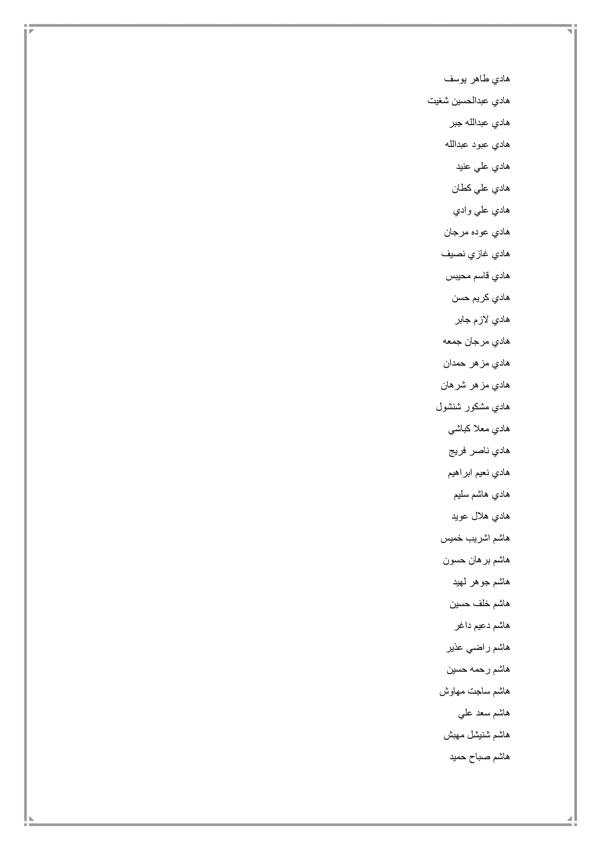 ‫يوسف‬ ‫طاهر‬ ‫هادي‬
‫شغيت‬ ‫عبدالحسين‬ ‫هادي‬
‫جبر‬ ‫عبدالله‬ ‫هادي‬
‫عبدالله‬ ‫عبود‬ ‫هادي‬
‫عنيد‬ ‫علي‬ ‫هادي‬
‫كطان‬ ‫علي‬ ‫هادي‬
‫وادي‬ ‫علي‬ ‫هادي‬
‫مرجان‬ ‫عوده‬ ‫هادي‬
‫نصيف‬ ‫غازي‬ ‫هادي‬
‫محيبس‬ ‫قاسم‬ ‫هادي‬
‫حسن‬ ‫كريم‬ ‫هادي‬
‫جابر‬ ‫الزم‬ ‫هادي‬
‫جمعه‬ ‫مرجان‬ ‫هادي‬
‫حمدان‬ ‫مزهر‬ ‫هادي‬
‫شرهان‬ ‫مزهر‬ ‫هادي‬
‫شنشول‬ ‫مشكور‬ ‫هادي‬
‫كباشي‬ ‫معال‬ ‫هادي‬
‫فريج‬ ‫ناصر‬ ‫هادي‬
‫ابراهيم‬ ‫نعيم‬ ‫هادي‬
‫سليم‬ ‫هاشم‬ ‫هادي‬
‫عويد‬ ‫هالل‬ ‫هادي‬
‫خميس‬ ‫اشريب‬ ‫هاشم‬
‫حسون‬ ‫برهان‬ ‫هاشم‬
‫لهيد‬ ‫جوهر‬ ‫هاشم‬
‫هاشم‬‫حسين‬ ‫خلف‬
‫داغر‬ ‫دعيم‬ ‫هاشم‬
‫عذير‬ ‫راضي‬ ‫هاشم‬
‫حسين‬ ‫رحمه‬ ‫هاشم‬
‫مهاوش‬ ‫ساجت‬ ‫هاشم‬
‫علي‬ ‫سعد‬ ‫هاشم‬
‫مهبش‬ ‫شنيشل‬ ‫هاشم‬
‫حميد‬ ‫صباح‬ ‫هاشم‬
 