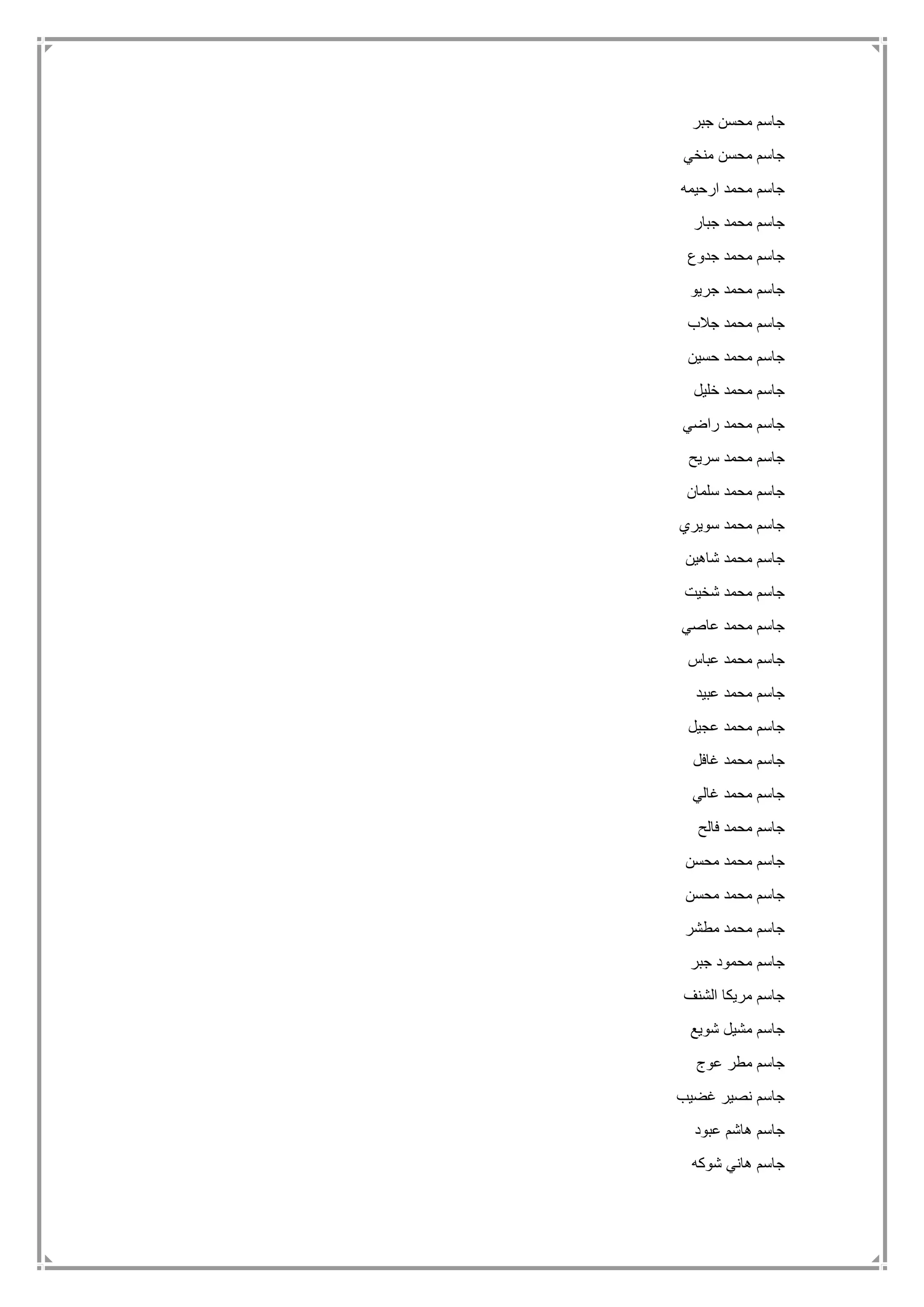‫جبر‬ ‫محسن‬ ‫جاسم‬
‫منخي‬ ‫محسن‬ ‫جاسم‬
‫ارحيمه‬ ‫محمد‬ ‫جاسم‬
‫جبار‬ ‫محمد‬ ‫جاسم‬
‫جدوع‬ ‫محمد‬ ‫جاسم‬
‫جريو‬ ‫محمد‬ ‫جاسم‬
‫جالب‬ ‫محمد‬ ‫جاسم‬
‫حسين‬ ‫محمد‬ ‫جاسم‬
‫خليل‬ ‫محمد‬ ‫جاسم‬
‫راضي‬ ‫محمد‬ ‫جاسم‬
‫سريح‬ ‫محمد‬ ‫جاسم‬
‫سلمان‬ ‫محمد‬ ‫جاسم‬
‫سويري‬ ‫محمد‬ ‫جاسم‬
‫شاهين‬ ‫محمد‬ ‫جاسم‬
‫شخيت‬ ‫محمد‬ ‫جاسم‬
‫عاصي‬ ‫محمد‬ ‫جاسم‬
‫عباس‬ ‫محمد‬ ‫جاسم‬
‫عبيد‬ ‫محمد‬ ‫جاسم‬
‫عجيل‬ ‫محمد‬ ‫جاسم‬
‫غافل‬ ‫محمد‬ ‫جاسم‬
‫غالي‬ ‫محمد‬ ‫جاسم‬
‫فال‬ ‫محمد‬ ‫جاسم‬‫ح‬
‫محسن‬ ‫محمد‬ ‫جاسم‬
‫محسن‬ ‫محمد‬ ‫جاسم‬
‫مطشر‬ ‫محمد‬ ‫جاسم‬
‫جبر‬ ‫محمود‬ ‫جاسم‬
‫الشنف‬ ‫مريكا‬ ‫جاسم‬
‫شويع‬ ‫مشيل‬ ‫جاسم‬
‫عوج‬ ‫مطر‬ ‫جاسم‬
‫غضيب‬ ‫نصير‬ ‫جاسم‬
‫عبود‬ ‫هاشم‬ ‫جاسم‬
‫شوكه‬ ‫هاني‬ ‫جاسم‬
 