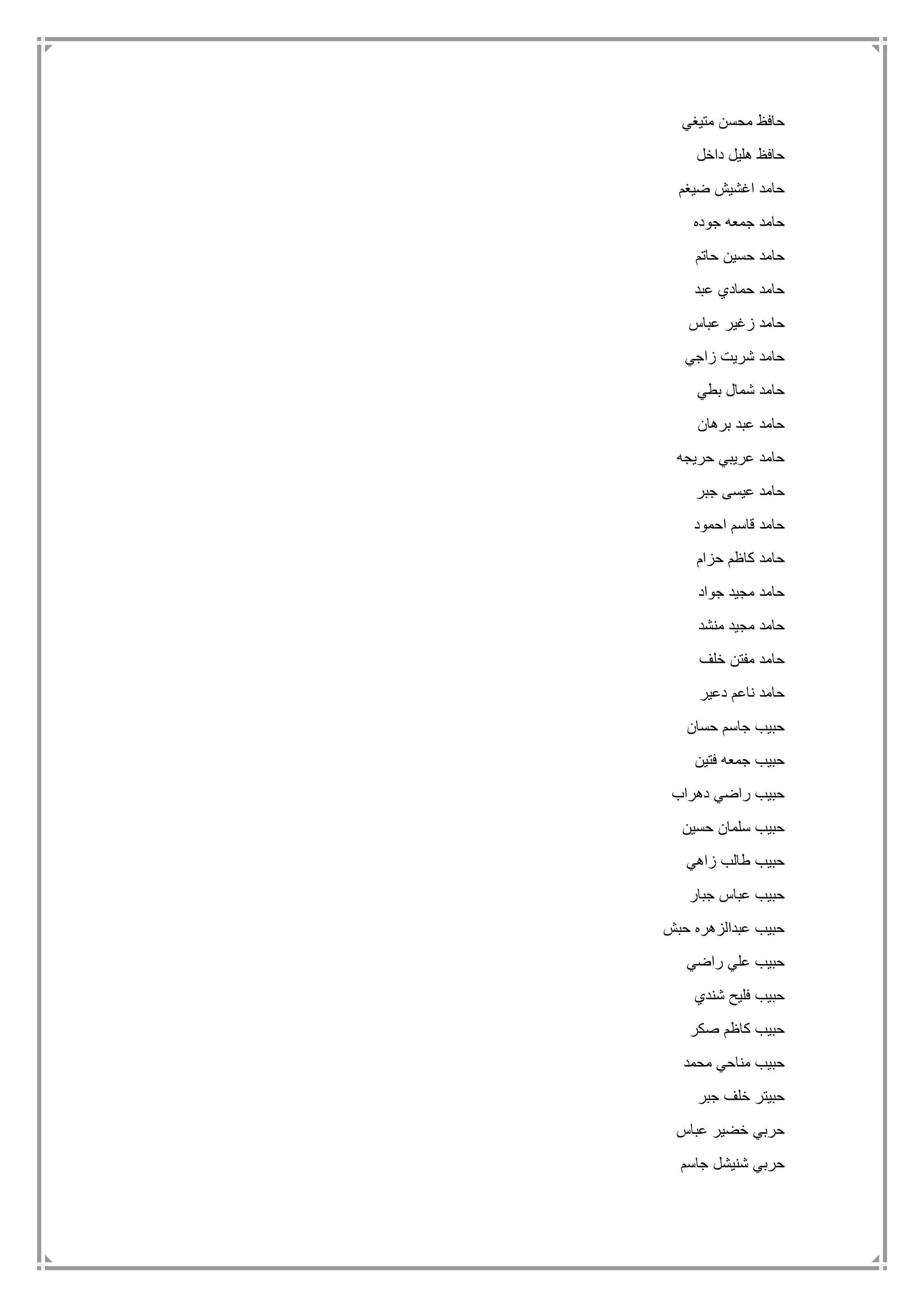 ‫متيغي‬ ‫محسن‬ ‫حافظ‬
‫داخل‬ ‫هليل‬ ‫حافظ‬
‫ضيغم‬ ‫اغشيش‬ ‫حامد‬
‫جوده‬ ‫جمعه‬ ‫حامد‬
‫حاتم‬ ‫حسين‬ ‫حامد‬
‫عبد‬ ‫حمادي‬ ‫حامد‬
‫عباس‬ ‫زغير‬ ‫حامد‬
‫زاجي‬ ‫شريت‬ ‫حامد‬
‫بطي‬ ‫شمال‬ ‫حامد‬
‫برهان‬ ‫عبد‬ ‫حامد‬
‫حريجه‬ ‫عريبي‬ ‫حامد‬
‫جبر‬ ‫عيسى‬ ‫حامد‬
‫احمود‬ ‫قاسم‬ ‫حامد‬
‫ح‬ ‫كاظم‬ ‫حامد‬‫زام‬
‫جواد‬ ‫مجيد‬ ‫حامد‬
‫منشد‬ ‫مجيد‬ ‫حامد‬
‫خلف‬ ‫مفتن‬ ‫حامد‬
‫دعير‬ ‫ناعم‬ ‫حامد‬
‫حسان‬ ‫جاسم‬ ‫حبيب‬
‫فتين‬ ‫جمعه‬ ‫حبيب‬
‫دهراب‬ ‫راضي‬ ‫حبيب‬
‫حسين‬ ‫سلمان‬ ‫حبيب‬
‫زاهي‬ ‫طالب‬ ‫حبيب‬
‫جبار‬ ‫عباس‬ ‫حبيب‬
‫حبش‬ ‫عبدالزهره‬ ‫حبيب‬
‫راضي‬ ‫علي‬ ‫حبيب‬
‫شندي‬ ‫فليح‬ ‫حبيب‬
‫صكر‬ ‫كاظم‬ ‫حبيب‬
‫محمد‬ ‫مناحي‬ ‫حبيب‬
‫جبر‬ ‫خلف‬ ‫حبيتر‬
‫عباس‬ ‫خضير‬ ‫حربي‬
‫جاسم‬ ‫شنيشل‬ ‫حربي‬
 
