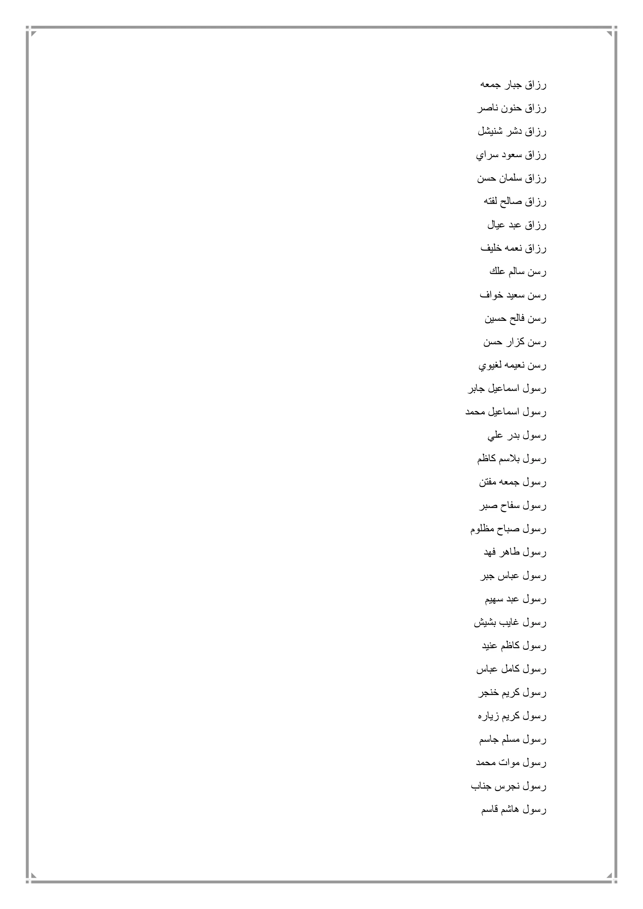 ‫جمعه‬ ‫جبار‬ ‫رزاق‬
‫ناصر‬ ‫حنون‬ ‫رزاق‬
‫شنيشل‬ ‫دشر‬ ‫رزاق‬
‫سراي‬ ‫سعود‬ ‫رزاق‬
‫حسن‬ ‫سلمان‬ ‫رزاق‬
‫لفته‬ ‫صالح‬ ‫رزاق‬
‫عيال‬ ‫عبد‬ ‫رزاق‬
‫خليف‬ ‫نعمه‬ ‫رزاق‬
‫علك‬ ‫سالم‬ ‫رسن‬
‫خواف‬ ‫سعيد‬ ‫رسن‬
‫حسين‬ ‫فالح‬ ‫رسن‬
‫حسن‬ ‫كزار‬ ‫رسن‬
‫لغيوي‬ ‫نعيمه‬ ‫رسن‬
‫جابر‬ ‫اسماعيل‬ ‫رسول‬
‫محمد‬ ‫اسماعيل‬ ‫رسول‬
‫علي‬ ‫بدر‬ ‫رسول‬
‫كاظم‬ ‫بالسم‬ ‫رسول‬
‫مفتن‬ ‫جمعه‬ ‫رسول‬
‫صبر‬ ‫سفاح‬ ‫رسول‬
‫مظلوم‬ ‫صباح‬ ‫رسول‬
‫فهد‬ ‫طاهر‬ ‫رسول‬
‫جبر‬ ‫عباس‬ ‫رسول‬
‫سهيم‬ ‫عبد‬ ‫رسول‬
‫رسول‬‫بشيش‬ ‫غايب‬
‫عنيد‬ ‫كاظم‬ ‫رسول‬
‫عباس‬ ‫كامل‬ ‫رسول‬
‫خنجر‬ ‫كريم‬ ‫رسول‬
‫زياره‬ ‫كريم‬ ‫رسول‬
‫جاسم‬ ‫مسلم‬ ‫رسول‬
‫محمد‬ ‫موات‬ ‫رسول‬
‫جناب‬ ‫نجرس‬ ‫رسول‬
‫قاسم‬ ‫هاشم‬ ‫رسول‬
 