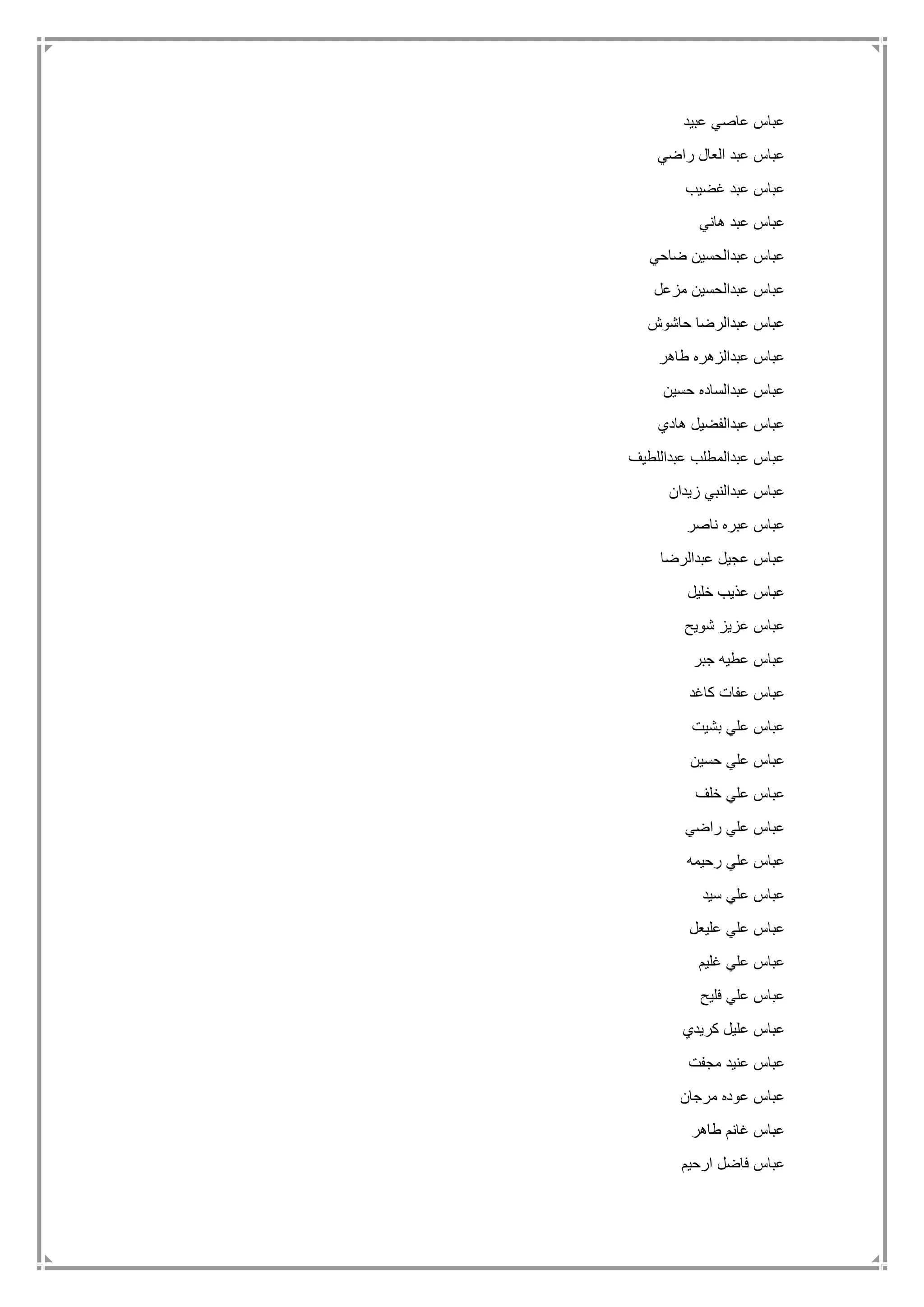 ‫عبيد‬ ‫عاصي‬ ‫عباس‬
‫راضي‬ ‫العال‬ ‫عبد‬ ‫عباس‬
‫غضيب‬ ‫عبد‬ ‫عباس‬
‫هاني‬ ‫عبد‬ ‫عباس‬
‫ضاحي‬ ‫عبدالحسين‬ ‫عباس‬
‫مزعل‬ ‫عبدالحسين‬ ‫عباس‬
‫حاشوش‬ ‫عبدالرضا‬ ‫عباس‬
‫طاهر‬ ‫عبدالزهره‬ ‫عباس‬
‫حسين‬ ‫عبدالساده‬ ‫عباس‬
‫هادي‬ ‫عبدالفضيل‬ ‫عباس‬
‫عبداللطيف‬ ‫عبدالمطلب‬ ‫عباس‬
‫زيدان‬ ‫عبدالنبي‬ ‫عباس‬
‫ناصر‬ ‫عبره‬ ‫عباس‬
‫عبد‬ ‫عجيل‬ ‫عباس‬‫الرضا‬
‫خليل‬ ‫عذيب‬ ‫عباس‬
‫شويح‬ ‫عزيز‬ ‫عباس‬
‫جبر‬ ‫عطيه‬ ‫عباس‬
‫كاغد‬ ‫عفات‬ ‫عباس‬
‫بشيت‬ ‫علي‬ ‫عباس‬
‫حسين‬ ‫علي‬ ‫عباس‬
‫خلف‬ ‫علي‬ ‫عباس‬
‫راضي‬ ‫علي‬ ‫عباس‬
‫رحيمه‬ ‫علي‬ ‫عباس‬
‫سيد‬ ‫علي‬ ‫عباس‬
‫عليعل‬ ‫علي‬ ‫عباس‬
‫غليم‬ ‫علي‬ ‫عباس‬
‫فليح‬ ‫علي‬ ‫عباس‬
‫كريدي‬ ‫عليل‬ ‫عباس‬
‫مجفت‬ ‫عنيد‬ ‫عباس‬
‫مرجان‬ ‫عوده‬ ‫عباس‬
‫طاهر‬ ‫غانم‬ ‫عباس‬
‫ارحيم‬ ‫فاضل‬ ‫عباس‬
 