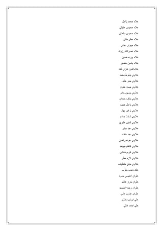 ‫زامل‬ ‫محمد‬ ‫عالء‬
‫عكيلي‬ ‫محيبس‬ ‫عالء‬
‫سلطان‬ ‫محيسن‬ ‫عالء‬
‫مفتن‬ ‫مطر‬ ‫عالء‬
‫عداي‬ ‫مهودر‬ ‫عالء‬
‫وزوك‬ ‫نصرالله‬ ‫عالء‬
‫حسين‬ ‫ورده‬ ‫عالء‬
‫خضير‬ ‫ياسين‬ ‫عالء‬
‫لفته‬ ‫غازي‬ ‫عالءالدين‬
‫محمد‬ ‫بلعوط‬ ‫عالوي‬
‫حثيل‬ ‫جبر‬ ‫عالوي‬
‫حنون‬ ‫حسن‬ ‫عالوي‬
‫حاتم‬ ‫حسين‬ ‫عالوي‬
‫حمدان‬ ‫خلف‬ ‫عالوي‬
‫حبيب‬ ‫زامل‬ ‫عالوي‬
‫بهار‬ ‫زغير‬ ‫عالوي‬
‫جاسم‬ ‫شابث‬ ‫عالوي‬
‫عليوي‬ ‫شنين‬ ‫عالوي‬
‫جابر‬ ‫عبد‬ ‫عالوي‬
‫خلف‬ ‫عبد‬ ‫عالوي‬
‫راضي‬ ‫عوده‬ ‫عالوي‬
‫جويعد‬ ‫كاظم‬ ‫عالوي‬
‫مشا‬ ‫كريم‬ ‫عالوي‬‫لي‬
‫مطر‬ ‫الزم‬ ‫عالوي‬
‫مكطوف‬ ‫مالح‬ ‫عالوي‬
‫جلوب‬ ‫ناجب‬ ‫علك‬
‫حمود‬ ‫اعنيسي‬ ‫علوان‬
‫هاشم‬ ‫حرز‬ ‫علوان‬
‫اضميد‬ ‫رحمه‬ ‫علوان‬
‫عاتي‬ ‫عباس‬ ‫علوان‬
‫مطشر‬ ‫ابرش‬ ‫علي‬
‫غالي‬ ‫احمد‬ ‫علي‬
 