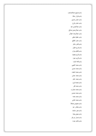 ‫عبدالصاحب‬ ‫صبيح‬ ‫باسم‬
‫معله‬ ‫طرار‬ ‫باسم‬
‫حسين‬ ‫عباس‬ ‫باسم‬
‫فرج‬ ‫عباس‬ ‫باسم‬
‫عبد‬ ‫عبدالحسن‬ ‫باسم‬
‫صالح‬ ‫عبدالرحمن‬ ‫باسم‬
‫غيالن‬ ‫عبدالرضا‬ ‫باسم‬
‫مطير‬ ‫عطيه‬ ‫باسم‬
‫كاطع‬ ‫عمار‬ ‫باسم‬
‫حاتم‬ ‫فاخر‬ ‫باسم‬
‫عليان‬ ‫فرج‬ ‫باسم‬
‫حزام‬ ‫كاظم‬ ‫باسم‬
‫جعيت‬ ‫كريم‬ ‫باسم‬
‫عبود‬ ‫كريم‬ ‫باسم‬
‫شناوه‬ ‫لفته‬ ‫باسم‬
‫العيبي‬ ‫محمد‬ ‫باسم‬
‫حسين‬ ‫محمد‬ ‫باسم‬
‫شغيت‬ ‫محمد‬ ‫باسم‬
‫عباس‬ ‫محمد‬ ‫باسم‬
‫غانم‬ ‫محمد‬ ‫باسم‬
‫فزع‬ ‫محمد‬ ‫باسم‬
‫كبر‬ ‫محمد‬ ‫باسم‬
‫محارب‬ ‫محمد‬ ‫باسم‬
‫محسن‬ ‫محمد‬ ‫باسم‬
‫نعمه‬ ‫محمد‬ ‫باسم‬
‫هادي‬ ‫محمد‬ ‫باسم‬
‫خماط‬ ‫محييسن‬ ‫باسم‬
‫عبد‬ ‫مطشر‬ ‫باسم‬
‫ساجت‬ ‫معن‬ ‫باسم‬
‫جياد‬ ‫مهدي‬ ‫باسم‬
‫مزعل‬ ‫نصار‬ ‫باسم‬
‫عوده‬ ‫هاشم‬ ‫باسم‬
 