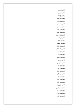 ‫حيدر‬ ‫باقر‬ ‫كاظم‬
‫جبر‬ ‫بدر‬ ‫كاظم‬
‫عناد‬ ‫برع‬ ‫كاظم‬
‫عطيه‬ ‫برنو‬ ‫كاظم‬
‫مذكور‬ ‫جابر‬ ‫كاظم‬
‫شحيت‬ ‫جاسم‬ ‫كاظم‬
‫صبر‬ ‫جاسم‬ ‫كاظم‬
‫عباس‬ ‫جاسم‬ ‫كاظم‬
‫عذافه‬ ‫جاسم‬ ‫كاظم‬
‫دعيدش‬ ‫جباره‬ ‫كاظم‬
‫فهد‬ ‫جبر‬ ‫كاظم‬
‫لفته‬ ‫جبر‬ ‫كاظم‬
‫ماهود‬ ‫جبر‬ ‫كاظم‬
‫جع‬ ‫كاظم‬‫صالح‬ ‫فر‬
‫كاطع‬ ‫جالب‬ ‫كاظم‬
‫هاشم‬ ‫جمعه‬ ‫كاظم‬
‫سبع‬ ‫جواد‬ ‫كاظم‬
‫كاظم‬ ‫جواد‬ ‫كاظم‬
‫عبيد‬ ‫حاتم‬ ‫كاظم‬
‫وسمي‬ ‫حاتم‬ ‫كاظم‬
‫عيال‬ ‫حاجم‬ ‫كاظم‬
‫علي‬ ‫حبار‬ ‫كاظم‬
‫خشف‬ ‫حزيم‬ ‫كاظم‬
‫مالح‬ ‫حزيم‬ ‫كاظم‬
‫عبد‬ ‫حسان‬ ‫كاظم‬
‫جلود‬ ‫حسن‬ ‫كاظم‬
‫هويل‬ ‫حسن‬ ‫كاظم‬
‫ايدام‬ ‫حسين‬ ‫كاظم‬
‫عليوي‬ ‫حسين‬ ‫كاظم‬
‫محمد‬ ‫حسين‬ ‫كاظم‬
‫مه‬ ‫حسين‬ ‫كاظم‬‫ودر‬
‫بايع‬ ‫حمود‬ ‫كاظم‬
 