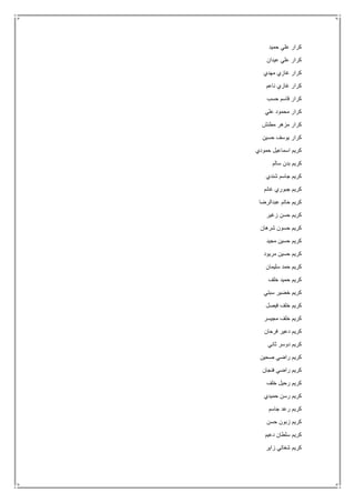 ‫حميد‬ ‫علي‬ ‫كرار‬
‫عيدان‬ ‫علي‬ ‫كرار‬
‫مهدي‬ ‫غازي‬ ‫كرار‬
‫ناعم‬ ‫غازي‬ ‫كرار‬
‫قا‬ ‫كرار‬‫حسب‬ ‫سم‬
‫علي‬ ‫محمود‬ ‫كرار‬
‫مطنش‬ ‫مزهر‬ ‫كرار‬
‫حسين‬ ‫يوسف‬ ‫كرار‬
‫حمودي‬ ‫اسماعيل‬ ‫كريم‬
‫سالم‬ ‫بدن‬ ‫كريم‬
‫شندي‬ ‫جاسم‬ ‫كريم‬
‫غانم‬ ‫جبوري‬ ‫كريم‬
‫عبدالرضا‬ ‫حاتم‬ ‫كريم‬
‫زغير‬ ‫حسن‬ ‫كريم‬
‫شرهان‬ ‫حسون‬ ‫كريم‬
‫مجيد‬ ‫حسين‬ ‫كريم‬
‫مريود‬ ‫حسين‬ ‫كريم‬
‫سليمان‬ ‫حمد‬ ‫كريم‬
‫خلف‬ ‫حميد‬ ‫كريم‬
‫سبتي‬ ‫خضير‬ ‫كريم‬
‫فيصل‬ ‫خلف‬ ‫كريم‬
‫ك‬‫مجيسر‬ ‫خلف‬ ‫ريم‬
‫فرحان‬ ‫دعير‬ ‫كريم‬
‫ثاني‬ ‫دوسر‬ ‫كريم‬
‫صحين‬ ‫راضي‬ ‫كريم‬
‫فنجان‬ ‫راضي‬ ‫كريم‬
‫خلف‬ ‫رحيل‬ ‫كريم‬
‫حميدي‬ ‫رسن‬ ‫كريم‬
‫جاسم‬ ‫رعد‬ ‫كريم‬
‫حسن‬ ‫زبون‬ ‫كريم‬
‫دعيم‬ ‫سلطان‬ ‫كريم‬
‫زاير‬ ‫شغاتي‬ ‫كريم‬
 