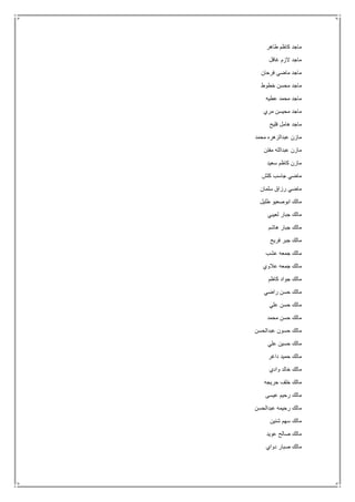 ‫طاهر‬ ‫كاظم‬ ‫ماجد‬
‫غافل‬ ‫الزم‬ ‫ماجد‬
‫فرحان‬ ‫ماضي‬ ‫ماجد‬
‫خطوط‬ ‫محسن‬ ‫ماجد‬
‫عطيه‬ ‫محمد‬ ‫ماجد‬
‫مري‬ ‫محيسن‬ ‫ماجد‬
‫فليح‬ ‫هامل‬ ‫ماجد‬
‫ماز‬‫محمد‬ ‫عبدالزهره‬ ‫ن‬
‫مفتن‬ ‫عبدالله‬ ‫مازن‬
‫سعيد‬ ‫كاظم‬ ‫مازن‬
‫كلش‬ ‫جاسب‬ ‫ماضي‬
‫سلمان‬ ‫رزاق‬ ‫ماضي‬
‫طليل‬ ‫ابوصعيو‬ ‫مالك‬
‫لعيبي‬ ‫جبار‬ ‫مالك‬
‫هاشم‬ ‫جبار‬ ‫مالك‬
‫فريح‬ ‫جبر‬ ‫مالك‬
‫عشب‬ ‫جمعه‬ ‫مالك‬
‫عالوي‬ ‫جمعه‬ ‫مالك‬
‫كاظم‬ ‫جواد‬ ‫مالك‬
‫راضي‬ ‫حسن‬ ‫مالك‬
‫علي‬ ‫حسن‬ ‫مالك‬
‫محمد‬ ‫حسن‬ ‫مالك‬
‫عبدالحسن‬ ‫حسون‬ ‫مالك‬
‫حسي‬ ‫مالك‬‫علي‬ ‫ن‬
‫داغر‬ ‫حميد‬ ‫مالك‬
‫وادي‬ ‫خالد‬ ‫مالك‬
‫حريجه‬ ‫خلف‬ ‫مالك‬
‫عيسى‬ ‫رحيم‬ ‫مالك‬
‫عبدالحسن‬ ‫رحيمه‬ ‫مالك‬
‫شنين‬ ‫سهم‬ ‫مالك‬
‫عويد‬ ‫صالح‬ ‫مالك‬
‫دواي‬ ‫صبار‬ ‫مالك‬
 