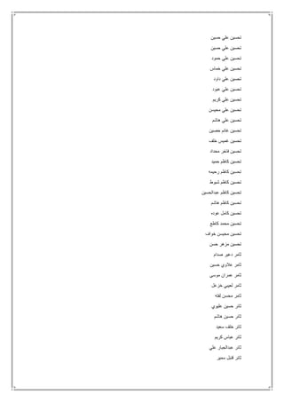 ‫حسين‬ ‫علي‬ ‫تحسين‬
‫حسين‬ ‫علي‬ ‫تحسين‬
‫حمود‬ ‫علي‬ ‫تحسين‬
‫خما‬ ‫علي‬ ‫تحسين‬‫س‬
‫داود‬ ‫علي‬ ‫تحسين‬
‫عبود‬ ‫علي‬ ‫تحسين‬
‫كريم‬ ‫علي‬ ‫تحسين‬
‫محيسن‬ ‫علي‬ ‫تحسين‬
‫هاشم‬ ‫علي‬ ‫تحسين‬
‫حصين‬ ‫غانم‬ ‫تحسين‬
‫خلف‬ ‫غميس‬ ‫تحسين‬
‫محداد‬ ‫فاخر‬ ‫تحسين‬
‫حميد‬ ‫كاظم‬ ‫تحسين‬
‫رحيمه‬ ‫كاظم‬ ‫تحسين‬
‫شبوط‬ ‫كاظم‬ ‫تحسين‬
‫عبدالحسين‬ ‫كاظم‬ ‫تحسين‬
‫هاشم‬ ‫كاظم‬ ‫تحسين‬
‫عوده‬ ‫كامل‬ ‫تحسين‬
‫كاطع‬ ‫محمد‬ ‫تحسين‬
‫خواف‬ ‫محيسن‬ ‫تحسين‬
‫حسن‬ ‫مزهر‬ ‫تحسين‬
‫صدام‬ ‫دعير‬ ‫ثامر‬
‫حسين‬ ‫عالوي‬ ‫ثامر‬
‫موسى‬ ‫عمران‬ ‫ثامر‬
‫خزعل‬ ‫لعيبي‬ ‫ثامر‬
‫لفته‬ ‫محسن‬ ‫ثامر‬
‫عليوي‬ ‫حسين‬ ‫ثائر‬
‫هاشم‬ ‫حسين‬ ‫ثائر‬
‫سعيد‬ ‫خلف‬ ‫ثائر‬
‫كريم‬ ‫عباس‬ ‫ثائر‬
‫علي‬ ‫عبدالجبار‬ ‫ثائر‬
‫سمير‬ ‫قنبل‬ ‫ثائر‬
 