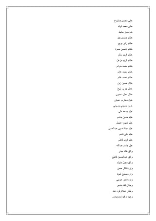 ‫صلبوخ‬ ‫محسن‬ ‫هاني‬
‫توله‬ ‫محمد‬ ‫هاني‬
‫سابط‬ ‫جبار‬ ‫هبه‬
‫جنو‬ ‫حسون‬ ‫هشام‬
‫بويع‬ ‫زاير‬ ‫هشام‬
‫حمود‬ ‫عاصي‬ ‫هشام‬
‫سالم‬ ‫كريم‬ ‫هشام‬
‫مزعل‬ ‫كريم‬ ‫هشام‬
‫حواس‬ ‫محمد‬ ‫هشام‬
‫عامر‬ ‫محمد‬ ‫هشام‬
‫م‬ ‫هشام‬‫غانم‬ ‫حمد‬
‫زين‬ ‫حسين‬ ‫هالل‬
‫وشيح‬ ‫الزم‬ ‫هالل‬
‫سعدون‬ ‫محل‬ ‫هالل‬
‫عميش‬ ‫محارب‬ ‫هليل‬
‫حسوني‬ ‫حميدي‬ ‫هوره‬
‫علي‬ ‫جمعه‬ ‫هيثم‬
‫جاسم‬ ‫حسين‬ ‫هيثم‬
‫اعجيل‬ ‫شنون‬ ‫هيثم‬
‫عبدالحسن‬ ‫عبدالحسين‬ ‫هيثم‬
‫قاسم‬ ‫علي‬ ‫هيثم‬
‫كاظم‬ ‫كريم‬ ‫هيثم‬
‫عبدالله‬ ‫جاسم‬ ‫هيل‬
‫جبار‬ ‫خالد‬ ‫واثق‬
‫كاطع‬ ‫عبدالحسين‬ ‫واثق‬
‫منيشد‬ ‫مجبل‬ ‫واثق‬
‫وارد‬‫حسن‬ ‫شاكر‬
‫عبود‬ ‫صبيح‬ ‫وارد‬
‫عريبي‬ ‫فاخر‬ ‫وارد‬
‫خنجر‬ ‫لفته‬ ‫وجدان‬
‫عبد‬ ‫عبدالزهره‬ ‫وجدي‬
‫مصموص‬ ‫اركيد‬ ‫وحيد‬
 