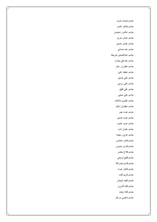 ‫هريد‬ ‫ضباب‬ ‫جاسم‬
‫ناصر‬ ‫طاهر‬ ‫جاسم‬
‫محيسن‬ ‫عاشور‬ ‫جاسم‬
‫حريز‬ ‫عباس‬ ‫جاسم‬
‫حسين‬ ‫عباس‬ ‫جاسم‬
‫حساني‬ ‫عبد‬ ‫جاسم‬
‫خريبط‬ ‫عبدالحسين‬ ‫جاسم‬
‫جباره‬ ‫عبدعلي‬ ‫جاسم‬
‫عبار‬ ‫عطروز‬ ‫جاسم‬
‫علي‬ ‫عطيه‬ ‫جاسم‬
‫حسين‬ ‫علي‬ ‫جاسم‬
‫رومي‬ ‫علي‬ ‫جاسم‬
‫فليح‬ ‫علي‬ ‫جاسم‬
‫محيي‬ ‫علي‬ ‫جاسم‬
‫ماشاف‬ ‫عليوي‬ ‫جاسم‬
‫داخل‬ ‫عنفوش‬ ‫جاسم‬
‫جبر‬ ‫عوده‬ ‫جاسم‬
‫حسين‬ ‫عويد‬ ‫جاسم‬
‫عذيب‬ ‫عويد‬ ‫جاسم‬
‫داود‬ ‫عيدان‬ ‫جاسم‬
‫غزي‬ ‫جاسم‬‫رحيمه‬
‫مغامس‬ ‫فاخر‬ ‫جاسم‬
‫حسون‬ ‫فارس‬ ‫جاسم‬
‫خضر‬ ‫فالح‬ ‫جاسم‬
‫تريخي‬ ‫فليح‬ ‫جاسم‬
‫نصرالله‬ ‫قاسم‬ ‫جاسم‬
‫عوده‬ ‫كامل‬ ‫جاسم‬
‫ثكب‬ ‫كريم‬ ‫جاسم‬
‫شيحان‬ ‫كعيد‬ ‫جاسم‬
‫كارون‬ ‫لفته‬ ‫جاسم‬
‫محمد‬ ‫لفته‬ ‫جاسم‬
‫مزعل‬ ‫ماضي‬ ‫جاسم‬
 