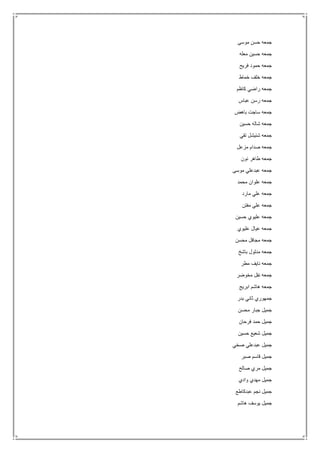 ‫موسى‬ ‫حسن‬ ‫جمعه‬
‫معله‬ ‫حسين‬ ‫جمعه‬
‫فريح‬ ‫حمود‬ ‫جمعه‬
‫خماط‬ ‫خلف‬ ‫جمعه‬
‫كاظم‬ ‫راضي‬ ‫جمعه‬
‫عباس‬ ‫رسن‬ ‫جمعه‬
‫باهض‬ ‫ساجت‬ ‫جمعه‬
‫حسين‬ ‫شاله‬ ‫جمعه‬
‫تقي‬ ‫شنيشل‬ ‫جمعه‬
‫مزعل‬ ‫صدام‬ ‫جمعه‬
‫نون‬ ‫طاهر‬ ‫جمعه‬
‫موسى‬ ‫عبدعلي‬ ‫جمعه‬
‫محمد‬ ‫علوان‬ ‫جمعه‬
‫مارد‬ ‫علي‬ ‫جمعه‬
‫مفتن‬ ‫علي‬ ‫جمعه‬
‫حسين‬ ‫عليوي‬ ‫جمعه‬
‫عليوي‬ ‫عيال‬ ‫جمعه‬
‫محسن‬ ‫مجافل‬ ‫جمعه‬
‫باشخ‬ ‫مدلول‬ ‫جمعه‬
‫مطر‬ ‫نايف‬ ‫جمعه‬
‫مخوضر‬ ‫نفل‬ ‫جمعه‬
‫ابريج‬ ‫هاشم‬ ‫جمعه‬
‫بدر‬ ‫ثاني‬ ‫جمهوري‬
‫محسن‬ ‫جبار‬ ‫جميل‬
‫فرحان‬ ‫حمد‬ ‫جميل‬
‫حسين‬ ‫شعيع‬ ‫جميل‬
‫عبدعلي‬ ‫جميل‬‫صخي‬
‫صبر‬ ‫قاسم‬ ‫جميل‬
‫صالح‬ ‫مري‬ ‫جميل‬
‫وادي‬ ‫مهدي‬ ‫جميل‬
‫عبدكاطع‬ ‫نجم‬ ‫جميل‬
‫هاشم‬ ‫يوسف‬ ‫جميل‬
 
