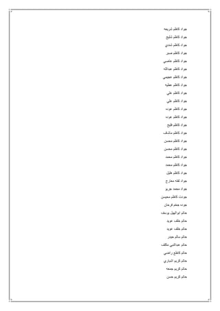 ‫شريعه‬ ‫كاظم‬ ‫جواد‬
‫شليج‬ ‫كاظم‬ ‫جواد‬
‫شندي‬ ‫كاظم‬ ‫جواد‬
‫صبر‬ ‫كاظم‬ ‫جواد‬
‫عاصي‬ ‫كاظم‬ ‫جواد‬
‫عبدالله‬ ‫كاظم‬ ‫جواد‬
‫عجيمي‬ ‫كاظم‬ ‫جواد‬
‫عطيه‬ ‫كاظم‬ ‫جواد‬
‫علي‬ ‫كاظم‬ ‫جواد‬
‫علي‬ ‫كاظم‬ ‫جواد‬
‫عوده‬ ‫كاظم‬ ‫جواد‬
‫عوده‬ ‫كاظم‬ ‫جواد‬
‫فليح‬ ‫كاظم‬ ‫جواد‬
‫ماشاف‬ ‫كاظم‬ ‫جواد‬
‫محسن‬ ‫كاظم‬ ‫جواد‬
‫محسن‬ ‫كاظم‬ ‫جواد‬
‫محمد‬ ‫كاظم‬ ‫جواد‬
‫محمد‬ ‫كاظم‬ ‫جواد‬
‫هليل‬ ‫كاظم‬ ‫جواد‬
‫معارج‬ ‫لفته‬ ‫جواد‬
‫جريو‬ ‫محمد‬ ‫جواد‬
‫محيسن‬ ‫كاظم‬ ‫جودت‬
‫فرحان‬ ‫جخم‬ ‫جوده‬
‫يوسف‬ ‫ابوالهيل‬ ‫حاتم‬
‫عويد‬ ‫خلف‬ ‫حاتم‬
‫عويد‬ ‫خلف‬ ‫حاتم‬
‫حيدر‬ ‫سالم‬ ‫حاتم‬
‫مكلف‬ ‫عبدالنبي‬ ‫حاتم‬
‫راضي‬ ‫كاطع‬ ‫حاتم‬
‫اشباري‬ ‫كريم‬ ‫حاتم‬
‫جمعه‬ ‫كريم‬ ‫حاتم‬
‫حسن‬ ‫كريم‬ ‫حاتم‬
 