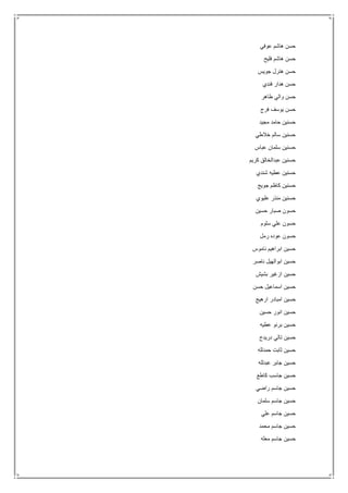 ‫عوفي‬ ‫هاشم‬ ‫حسن‬
‫فليح‬ ‫هاشم‬ ‫حسن‬
‫جويس‬ ‫هترل‬ ‫حسن‬
‫فندي‬ ‫هدار‬ ‫حسن‬
‫طاهر‬ ‫والي‬ ‫حسن‬
‫فرج‬ ‫يوسف‬ ‫حسن‬
‫مجيد‬ ‫حامد‬ ‫حسنين‬
‫خالطي‬ ‫سالم‬ ‫حسنين‬
‫عباس‬ ‫سلمان‬ ‫حسنين‬
‫كريم‬ ‫عبدالخالق‬ ‫حسنين‬
‫شندي‬ ‫عطيه‬ ‫حسنين‬
‫حس‬‫جويج‬ ‫كاظم‬ ‫نين‬
‫عليوي‬ ‫منذر‬ ‫حسنين‬
‫حسين‬ ‫صبار‬ ‫حسون‬
‫سلوم‬ ‫علي‬ ‫حسون‬
‫رمل‬ ‫عوده‬ ‫حسون‬
‫ناموس‬ ‫ابراهيم‬ ‫حسين‬
‫ناصر‬ ‫ابوالهيل‬ ‫حسين‬
‫بشيش‬ ‫ازغير‬ ‫حسين‬
‫حسن‬ ‫اسماعيل‬ ‫حسين‬
‫ارهيج‬ ‫امبادر‬ ‫حسين‬
‫حسين‬ ‫انور‬ ‫حسين‬
‫عطيه‬ ‫برنو‬ ‫حسين‬
‫دريدح‬ ‫تالي‬ ‫حسين‬
‫حمدلله‬ ‫ثابت‬ ‫حسين‬
‫عبدلله‬ ‫جابر‬ ‫حسين‬
‫كاطع‬ ‫جاسب‬ ‫حسين‬
‫راضي‬ ‫جاسم‬ ‫حسين‬
‫سلمان‬ ‫جاسم‬ ‫حسين‬
‫علي‬ ‫جاسم‬ ‫حسين‬
‫محمد‬ ‫جاسم‬ ‫حسين‬
‫معله‬ ‫جاسم‬ ‫حسين‬
 