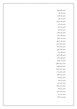 ‫عليوي‬ ‫حلفي‬ ‫حسين‬
‫شبل‬ ‫حلو‬ ‫حسين‬
‫طالع‬ ‫حلو‬ ‫حسين‬
‫علي‬ ‫حمد‬ ‫حسين‬
‫عصمام‬ ‫حميد‬ ‫حسين‬
‫الزم‬ ‫حميد‬ ‫حسين‬
‫الزم‬ ‫حميد‬ ‫حسين‬
‫منس‬ ‫حميد‬ ‫حسين‬
‫خليف‬ ‫حنون‬ ‫حسين‬
‫رشك‬ ‫حيدر‬ ‫حسين‬
‫شامخ‬ ‫حيدر‬ ‫حسين‬
‫مريهج‬ ‫حيدر‬ ‫حسين‬
‫حسون‬ ‫خزعل‬ ‫حسين‬
‫محمد‬ ‫خزعل‬ ‫حسين‬
‫لعيبي‬ ‫خطار‬ ‫حسين‬
‫راشد‬ ‫خلف‬ ‫حسين‬
‫ابراهيم‬ ‫خليل‬ ‫حسين‬
‫جالب‬ ‫خيون‬ ‫حسين‬
‫خزعل‬ ‫داود‬ ‫حسين‬
‫عليوي‬ ‫درويش‬ ‫حسين‬
‫عليوي‬ ‫دليف‬ ‫حسين‬
‫خضير‬ ‫راضي‬ ‫حسين‬
‫شراد‬ ‫راضي‬ ‫حسين‬
‫عطيه‬ ‫رحمه‬ ‫حسين‬
‫ناصر‬ ‫رحيم‬ ‫حسين‬
‫عبيد‬ ‫رشم‬ ‫حسين‬
‫بداي‬ ‫زغير‬ ‫حسين‬
‫عبدالله‬ ‫زغير‬ ‫حسين‬
‫زغي‬ ‫حسين‬‫فعل‬ ‫ر‬
‫حبش‬ ‫زهراو‬ ‫حسين‬
‫جبر‬ ‫زوير‬ ‫حسين‬
‫كناوه‬ ‫زوير‬ ‫حسين‬
 