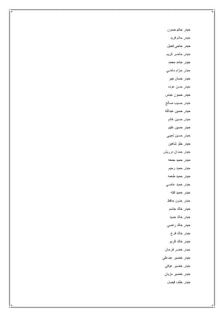 ‫حسون‬ ‫حاتم‬ ‫حيدر‬
‫فريد‬ ‫حاتم‬ ‫حيدر‬
‫فحيل‬ ‫حاجي‬ ‫حيدر‬
‫كريم‬ ‫حاضر‬ ‫حيدر‬
‫محمد‬ ‫حامد‬ ‫حيدر‬
‫ماضي‬ ‫حزام‬ ‫حيدر‬
‫جبر‬ ‫حسان‬ ‫حيدر‬
‫عوده‬ ‫حسن‬ ‫حيدر‬
‫عباس‬ ‫حسون‬ ‫حيدر‬
‫صالح‬ ‫حسيب‬ ‫حيدر‬
‫عبدالله‬ ‫حسين‬ ‫حيدر‬
‫غانم‬ ‫حسين‬ ‫حيدر‬
‫غليم‬ ‫حسين‬ ‫حيدر‬
‫لعيبي‬ ‫حسين‬ ‫حيدر‬
‫شاهين‬ ‫حلو‬ ‫حيدر‬
‫حمدا‬ ‫حيدر‬‫درويش‬ ‫ن‬
‫جمعه‬ ‫حميد‬ ‫حيدر‬
‫رحيم‬ ‫حميد‬ ‫حيدر‬
‫طعمه‬ ‫حميد‬ ‫حيدر‬
‫عاصي‬ ‫حميد‬ ‫حيدر‬
‫لفته‬ ‫حميد‬ ‫حيدر‬
‫حافظ‬ ‫حنون‬ ‫حيدر‬
‫جاسم‬ ‫خالد‬ ‫حيدر‬
‫حميد‬ ‫خالد‬ ‫حيدر‬
‫راضي‬ ‫خالد‬ ‫حيدر‬
‫فرج‬ ‫خالد‬ ‫حيدر‬
‫كريم‬ ‫خالد‬ ‫حيدر‬
‫فرحان‬ ‫خضر‬ ‫حيدر‬
‫عبدعلي‬ ‫خضير‬ ‫حيدر‬
‫عوفي‬ ‫خضير‬ ‫حيدر‬
‫مزبان‬ ‫خضير‬ ‫حيدر‬
‫فيصل‬ ‫خلف‬ ‫حيدر‬
 