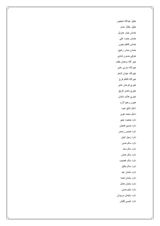 ‫اجخيور‬ ‫عبدالله‬ ‫خليل‬
‫عسل‬ ‫عكال‬ ‫خليل‬
‫جنزيل‬ ‫جبار‬ ‫خماس‬
‫علي‬ ‫حمود‬ ‫خماس‬
‫حنون‬ ‫كاظم‬ ‫خماس‬
‫رهيج‬ ‫مبادر‬ ‫خماس‬
‫شندي‬ ‫حسون‬ ‫خوفي‬
‫خلف‬ ‫سدخان‬ ‫الله‬ ‫خير‬
‫عذير‬ ‫ساري‬ ‫خيرالله‬
‫الدهر‬ ‫عيدان‬ ‫خيرالله‬
‫فرج‬ ‫كاظم‬ ‫خيرالله‬
‫عذير‬ ‫فرحان‬ ‫خيري‬
‫فريج‬ ‫ناصر‬ ‫خيري‬
‫سلمان‬ ‫هاشم‬ ‫خيري‬
‫الزم‬ ‫رحيم‬ ‫خيون‬
‫عبود‬ ‫شلج‬ ‫داخل‬
‫هوير‬ ‫محمد‬ ‫داخل‬
‫جبير‬ ‫جعمود‬ ‫داود‬
‫فنجان‬ ‫حسين‬ ‫داود‬
‫رحمن‬ ‫خميس‬ ‫داود‬
‫انيش‬ ‫زميل‬ ‫داود‬
‫حسن‬ ‫سالم‬ ‫داود‬
‫سعد‬ ‫سالم‬ ‫داود‬
‫عباس‬ ‫سالم‬ ‫داود‬
‫غضيب‬ ‫سالم‬ ‫داود‬
‫خليل‬ ‫سالم‬ ‫داود‬
‫عبد‬ ‫سلمان‬ ‫داود‬
‫نعمه‬ ‫سلمان‬ ‫داود‬
‫هامل‬ ‫سلمان‬ ‫داود‬
‫حسن‬ ‫سليم‬ ‫داود‬
‫مريوش‬ ‫سليمان‬ ‫داود‬
‫كليش‬ ‫عيسى‬ ‫داود‬
 