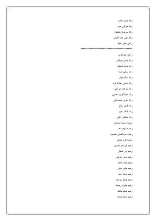 ‫هاشم‬ ‫حميد‬ ‫رافد‬
‫جبر‬ ‫حوشي‬ ‫رافد‬
‫شنشول‬ ‫سرحان‬ ‫رافد‬
‫العباس‬ ‫عبد‬ ‫علي‬ ‫رافد‬
‫ن‬ ‫جابر‬ ‫راهي‬‫ابظ‬
**********************************************
‫كريم‬ ‫عبد‬ ‫راهي‬
‫حرفش‬ ‫حسن‬ ‫رائد‬
‫شنيشل‬ ‫حميد‬ ‫رائد‬
‫نعمه‬ ‫رحيم‬ ‫رائد‬
‫حول‬ ‫سالم‬ ‫رائد‬
‫عبدالزهره‬ ‫سامي‬ ‫رائد‬
‫ابوعلي‬ ‫شرهان‬ ‫رائد‬
‫سعدون‬ ‫عبدالكريم‬ ‫رائد‬
‫محمدعلي‬ ‫عزيز‬ ‫رائد‬
‫مالح‬ ‫فاخر‬ ‫رائد‬
‫عبيد‬ ‫كاظم‬ ‫رائد‬
‫دهش‬ ‫مطشر‬ ‫رائد‬
‫ضيدان‬ ‫ارحيمه‬ ‫ربيع‬
‫سعد‬ ‫ذبيح‬ ‫رحمه‬
‫غضيب‬ ‫عبدالحسن‬ ‫رحمه‬
‫عيدي‬ ‫كرم‬ ‫رحمه‬
‫محسن‬ ‫ابراهيم‬ ‫رحيم‬
‫خاطر‬ ‫بدر‬ ‫رحيم‬
‫غويلي‬ ‫جابر‬ ‫رحيم‬
‫خلف‬ ‫جبار‬ ‫رحيم‬
‫جابر‬ ‫جثير‬ ‫رحيم‬
‫سيد‬ ‫جعفر‬ ‫رحيم‬
‫يوسف‬ ‫جعفر‬ ‫رحيم‬
‫رحيمه‬ ‫جليب‬ ‫رحيم‬
‫حافظ‬ ‫حاتم‬ ‫رحيم‬
‫صدام‬ ‫حاتم‬ ‫رحيم‬
 