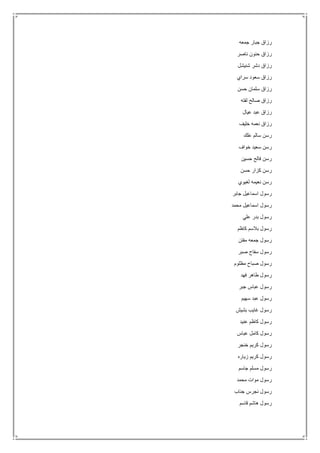 ‫جمعه‬ ‫جبار‬ ‫رزاق‬
‫ناصر‬ ‫حنون‬ ‫رزاق‬
‫شنيشل‬ ‫دشر‬ ‫رزاق‬
‫سراي‬ ‫سعود‬ ‫رزاق‬
‫حسن‬ ‫سلمان‬ ‫رزاق‬
‫لفته‬ ‫صالح‬ ‫رزاق‬
‫عيال‬ ‫عبد‬ ‫رزاق‬
‫خليف‬ ‫نعمه‬ ‫رزاق‬
‫علك‬ ‫سالم‬ ‫رسن‬
‫خواف‬ ‫سعيد‬ ‫رسن‬
‫حسين‬ ‫فالح‬ ‫رسن‬
‫حسن‬ ‫كزار‬ ‫رسن‬
‫لغيوي‬ ‫نعيمه‬ ‫رسن‬
‫جابر‬ ‫اسماعيل‬ ‫رسول‬
‫محمد‬ ‫اسماعيل‬ ‫رسول‬
‫علي‬ ‫بدر‬ ‫رسول‬
‫كاظم‬ ‫بالسم‬ ‫رسول‬
‫مفتن‬ ‫جمعه‬ ‫رسول‬
‫صبر‬ ‫سفاح‬ ‫رسول‬
‫مظلوم‬ ‫صباح‬ ‫رسول‬
‫فهد‬ ‫طاهر‬ ‫رسول‬
‫جبر‬ ‫عباس‬ ‫رسول‬
‫سهيم‬ ‫عبد‬ ‫رسول‬
‫رسول‬‫بشيش‬ ‫غايب‬
‫عنيد‬ ‫كاظم‬ ‫رسول‬
‫عباس‬ ‫كامل‬ ‫رسول‬
‫خنجر‬ ‫كريم‬ ‫رسول‬
‫زياره‬ ‫كريم‬ ‫رسول‬
‫جاسم‬ ‫مسلم‬ ‫رسول‬
‫محمد‬ ‫موات‬ ‫رسول‬
‫جناب‬ ‫نجرس‬ ‫رسول‬
‫قاسم‬ ‫هاشم‬ ‫رسول‬
 