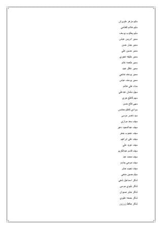 ‫طويرش‬ ‫مزهر‬ ‫سليم‬
‫كطامي‬ ‫هاشم‬ ‫سليم‬
‫يوسف‬ ‫يعكوب‬ ‫سليم‬
‫عباس‬ ‫ادريس‬ ‫سمير‬
‫حسن‬ ‫جبار‬ ‫سمير‬
‫علي‬ ‫حسين‬ ‫سمير‬
‫غجري‬ ‫خليفه‬ ‫سمير‬
‫غانم‬ ‫طعمه‬ ‫سمير‬
‫عبيد‬ ‫غافل‬ ‫سمير‬
‫خاجي‬ ‫يوسف‬ ‫سمير‬
‫عباس‬ ‫يوسف‬ ‫سمير‬
‫هاشم‬ ‫علي‬ ‫سناء‬
‫عبدعلي‬ ‫سلمان‬ ‫سهل‬
‫جري‬ ‫كاطع‬ ‫سهم‬
‫حسن‬ ‫فالح‬ ‫سهى‬
‫مغامس‬ ‫كاظم‬ ‫سوادي‬
‫موسى‬ ‫ناصر‬ ‫سيد‬
‫موازي‬ ‫سعد‬ ‫سيف‬
‫دعير‬ ‫عبدالمجيد‬ ‫سيف‬
‫جخر‬ ‫عبعوب‬ ‫سيف‬
‫ابراهيم‬ ‫علي‬ ‫سيف‬
‫علي‬ ‫عويد‬ ‫سيف‬
‫عبدالكريم‬ ‫قاسم‬ ‫سيف‬
‫عبد‬ ‫محمد‬ ‫سيف‬
‫جاسم‬ ‫موحي‬ ‫سيف‬
‫جابر‬ ‫نجيب‬ ‫سيف‬
‫منخي‬ ‫حسين‬ ‫سيلم‬
‫شغي‬ ‫اسماعيل‬ ‫شاكر‬
‫موسى‬ ‫بليوي‬ ‫شاكر‬
‫صيوان‬ ‫جابر‬ ‫شاكر‬
‫عليوي‬ ‫جمعه‬ ‫شاكر‬
‫زرزور‬ ‫حافظ‬ ‫شاكر‬
 