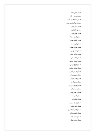 ‫لفته‬ ‫شاتي‬ ‫صادق‬
‫راشد‬ ‫طعمه‬ ‫صادق‬
‫خلف‬ ‫عبدالحسين‬ ‫صادق‬
‫محمد‬ ‫عبدالصاحب‬ ‫صادق‬
‫بداي‬ ‫علي‬ ‫صادق‬
‫ثاني‬ ‫علي‬ ‫صادق‬
‫عيسى‬ ‫فالح‬ ‫صادق‬
‫عصواد‬ ‫قاسم‬ ‫صادق‬
‫غضب‬ ‫كاظم‬ ‫صادق‬
‫كر‬ ‫صادق‬‫مسلم‬ ‫يم‬
‫حسين‬ ‫ماهود‬ ‫صادق‬
‫جوده‬ ‫محسن‬ ‫صادق‬
‫مجسن‬ ‫هادي‬ ‫صادق‬
‫عاتي‬ ‫هاشم‬ ‫صادق‬
‫خريبط‬ ‫يحيى‬ ‫صادق‬
‫ثويني‬ ‫جارح‬ ‫صالح‬
‫ساجت‬ ‫جاسب‬ ‫صالح‬
‫شلش‬ ‫جوحي‬ ‫صالح‬
‫صباح‬ ‫حجل‬ ‫صالح‬
‫جويبر‬ ‫حسن‬ ‫صالح‬
‫فرج‬ ‫حسن‬ ‫صالح‬
‫وريوش‬ ‫حليحل‬ ‫صالح‬
‫جالب‬ ‫حميد‬ ‫صالح‬
‫حيدر‬ ‫راضي‬ ‫صالح‬
‫محمد‬ ‫غاسم‬ ‫صالح‬
‫انور‬ ‫غالب‬ ‫صالح‬
‫سرهيد‬ ‫فيصل‬ ‫صالح‬
‫محمد‬ ‫قاسم‬ ‫صالح‬
‫عبدالحسن‬ ‫كاظم‬ ‫صالح‬
‫عبدالله‬ ‫كاظم‬ ‫صالح‬
‫عبد‬ ‫مطشر‬ ‫صالح‬
‫ثجيل‬ ‫مهدي‬ ‫صالح‬
 