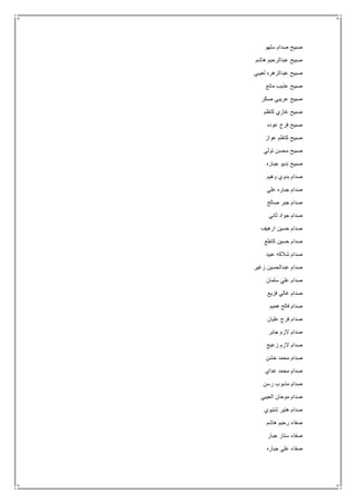 ‫سلهو‬ ‫صدام‬ ‫صبيح‬
‫هاشم‬ ‫عبدالرحيم‬ ‫صبيح‬
‫لعيبي‬ ‫عبدالزهره‬ ‫صبيح‬
‫مانع‬ ‫عذيب‬ ‫صبيح‬
‫صكر‬ ‫عريبي‬ ‫صبيح‬
‫كاظم‬ ‫غازي‬ ‫صبيح‬
‫عوده‬ ‫فرج‬ ‫صبيح‬
‫عواز‬ ‫كاظم‬ ‫صبيح‬
‫تولي‬ ‫محسن‬ ‫صبيح‬
‫جباره‬ ‫نديو‬ ‫صبيح‬
‫وهيم‬ ‫بدوي‬ ‫صدام‬
‫علي‬ ‫جباره‬ ‫صدام‬
‫صالح‬ ‫جبر‬ ‫صدام‬
‫ثاني‬ ‫جواد‬ ‫صدام‬
‫ارهيف‬ ‫حسين‬ ‫صدام‬
‫كاطع‬ ‫حسين‬ ‫صدام‬
‫عبيد‬ ‫شالكه‬ ‫صدام‬
‫زغير‬ ‫عبدالحسين‬ ‫صدام‬
‫سلمان‬ ‫علي‬ ‫صدام‬
‫فزيع‬ ‫غالي‬ ‫صدام‬
‫هميم‬ ‫فالح‬ ‫صدام‬
‫عليان‬ ‫فرج‬ ‫صدام‬
‫جابر‬ ‫الزم‬ ‫صدام‬
‫زعيج‬ ‫الزم‬ ‫صدام‬
‫خشن‬ ‫محمد‬ ‫صدام‬
‫عداي‬ ‫محمد‬ ‫صدام‬
‫رسن‬ ‫مذبوب‬ ‫صدام‬
‫موحان‬ ‫صدام‬‫العيبي‬
‫شتيوي‬ ‫هتير‬ ‫صدام‬
‫هاشم‬ ‫رحيم‬ ‫صفاء‬
‫جبار‬ ‫ستار‬ ‫صفاء‬
‫جباره‬ ‫علي‬ ‫صفاء‬
 