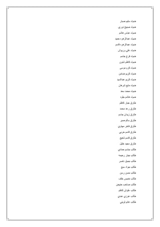 ‫صبار‬ ‫سليم‬ ‫ضياء‬
‫نوري‬ ‫صبيح‬ ‫ضياء‬
‫هاشم‬ ‫عباس‬ ‫ضياء‬
‫حميد‬ ‫عبدالزهره‬ ‫ضياء‬
‫قاسم‬ ‫عبدالزهره‬ ‫ضياء‬
‫وريوش‬ ‫علي‬ ‫ضياء‬
‫جاسم‬ ‫فرج‬ ‫ضياء‬
‫شنون‬ ‫كاظم‬ ‫ضياء‬
‫موسى‬ ‫كرم‬ ‫ضياء‬
‫ضامن‬ ‫كريم‬ ‫ضياء‬
‫عبدالسيد‬ ‫كريم‬ ‫ضياء‬
‫شرهان‬ ‫مايع‬ ‫ضياء‬
‫سعد‬ ‫محمد‬ ‫ضياء‬
‫جلود‬ ‫هاشم‬ ‫ضياء‬
‫كاظم‬ ‫جبار‬ ‫طارق‬
‫محمد‬ ‫رعد‬ ‫طارق‬
‫جاسم‬ ‫زيدان‬ ‫طارق‬
‫صبر‬ ‫سالم‬ ‫طارق‬
‫مهاوي‬ ‫فاخر‬ ‫طارق‬
‫حربي‬ ‫قاسم‬ ‫طارق‬
‫شعيع‬ ‫قاسم‬ ‫طارق‬
‫خليل‬ ‫مجيد‬ ‫طارق‬
‫حمادي‬ ‫جاسم‬ ‫طالب‬
‫رحيمه‬ ‫جبار‬ ‫طالب‬
‫ناصر‬ ‫جميل‬ ‫طالب‬
‫سبع‬ ‫جواد‬ ‫طالب‬
‫رسن‬ ‫حسن‬ ‫طالب‬
‫خلف‬ ‫خميس‬ ‫طالب‬
‫حنيحن‬ ‫صاحب‬ ‫طالب‬
‫كاظم‬ ‫علوش‬ ‫طالب‬
‫عبدي‬ ‫عوزي‬ ‫طالب‬
‫ثويني‬ ‫غانم‬ ‫طالب‬
 