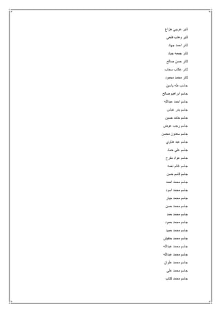 ‫هزاع‬ ‫عريبي‬ ‫ثاير‬
‫فتحي‬ ‫وهاب‬ ‫ثاير‬
‫جهاد‬ ‫احمد‬ ‫ثائر‬
‫جياد‬ ‫جمعه‬ ‫ثائر‬
‫صالح‬ ‫حسن‬ ‫ثائر‬
‫سحاب‬ ‫عكاب‬ ‫ثائر‬
‫محمود‬ ‫محمد‬ ‫ثائر‬
‫ياسين‬ ‫طه‬ ‫جاسب‬
‫صالح‬ ‫ابراهيم‬ ‫جاسم‬
‫عبدالله‬ ‫احمد‬ ‫جاسم‬
‫عباس‬ ‫بدر‬ ‫جاسم‬
‫حسين‬ ‫حامد‬ ‫جاسم‬
‫عوض‬ ‫رجب‬ ‫جاسم‬
‫محسن‬ ‫سعدون‬ ‫جاسم‬
‫هناوي‬ ‫عبد‬ ‫جاسم‬
‫حماد‬ ‫علي‬ ‫جاسم‬
‫مفرح‬ ‫عواد‬ ‫جاسم‬
‫نعمه‬ ‫غانم‬ ‫جاسم‬
‫حسن‬ ‫قاسم‬ ‫جاسم‬
‫احمد‬ ‫محمد‬ ‫جاسم‬
‫اسود‬ ‫محمد‬ ‫جاسم‬
‫جبار‬ ‫محمد‬ ‫جاسم‬
‫حسن‬ ‫محمد‬ ‫جاسم‬
‫حمد‬ ‫محمد‬ ‫جاسم‬
‫حمود‬ ‫محمد‬ ‫جاسم‬
‫حميد‬ ‫محمد‬ ‫جاسم‬
‫حنفيش‬ ‫محمد‬ ‫جاسم‬
‫عبدالله‬ ‫محمد‬ ‫جاسم‬
‫عبدالله‬ ‫محمد‬ ‫جاسم‬
‫علوان‬ ‫محمد‬ ‫جاسم‬
‫علي‬ ‫محمد‬ ‫جاسم‬
‫كتاب‬ ‫محمد‬ ‫جاسم‬
 