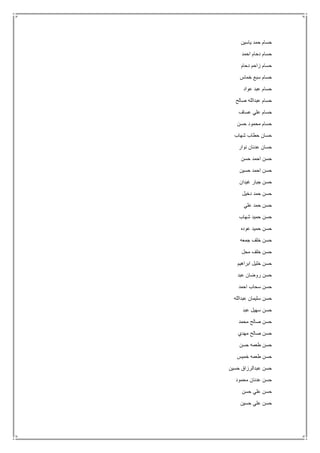 ‫ياسين‬ ‫حمد‬ ‫حسام‬
‫احمد‬ ‫دحام‬ ‫حسام‬
‫دحام‬ ‫زاحم‬ ‫حسام‬
‫خماس‬ ‫سبع‬ ‫حسام‬
‫عواد‬ ‫عبد‬ ‫حسام‬
‫صالح‬ ‫عبدالله‬ ‫حسام‬
‫عساف‬ ‫علي‬ ‫حسام‬
‫حسن‬ ‫محمود‬ ‫حسام‬
‫شهاب‬ ‫حطاب‬ ‫حسان‬
‫نوار‬ ‫عدنان‬ ‫حسان‬
‫حسن‬ ‫احمد‬ ‫حسن‬
‫حسين‬ ‫احمد‬ ‫حسن‬
‫غيدان‬ ‫جبار‬ ‫حسن‬
‫دخيل‬ ‫حمد‬ ‫حسن‬
‫علي‬ ‫حمد‬ ‫حسن‬
‫شهاب‬ ‫حميد‬ ‫حسن‬
‫عوده‬ ‫حميد‬ ‫حسن‬
‫جمعه‬ ‫خلف‬ ‫حسن‬
‫محل‬ ‫خلف‬ ‫حسن‬
‫ابراهيم‬ ‫خليل‬ ‫حسن‬
‫عبد‬ ‫روضان‬ ‫حسن‬
‫احمد‬ ‫سحاب‬ ‫حسن‬
‫عبدالله‬ ‫سليمان‬ ‫حسن‬
‫عبد‬ ‫سهيل‬ ‫حسن‬
‫محمد‬ ‫صالح‬ ‫حسن‬
‫مهدي‬ ‫صالح‬ ‫حسن‬
‫حسن‬ ‫طعمه‬ ‫حسن‬
‫خميس‬ ‫طعمه‬ ‫حسن‬
‫حسين‬ ‫عبدالرزاق‬ ‫حسن‬
‫محمود‬ ‫عدنان‬ ‫حسن‬
‫حسن‬ ‫علي‬ ‫حسن‬
‫حسين‬ ‫علي‬ ‫حسن‬
 