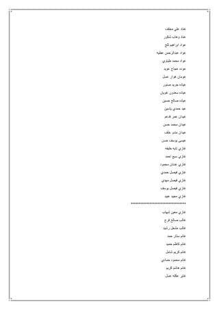 ‫مخلف‬ ‫علي‬ ‫عناد‬
‫شكور‬ ‫وهاب‬ ‫عناد‬
‫ثلج‬ ‫ابراهيم‬ ‫عواد‬
‫عطيه‬ ‫عبدالرحمن‬ ‫عواد‬
‫طياوي‬ ‫محمد‬ ‫عواد‬
‫عويد‬ ‫عجاج‬ ‫عوده‬
‫عسل‬ ‫هوار‬ ‫عومان‬
‫صنور‬ ‫جريد‬ ‫عياده‬
‫غويان‬ ‫سعدون‬ ‫عياده‬
‫حسين‬ ‫صالح‬ ‫عياده‬
‫ياسين‬ ‫حمدي‬ ‫عيد‬
‫فدعم‬ ‫عمر‬ ‫عيدان‬
‫حسن‬ ‫محمد‬ ‫عيدان‬
‫خلف‬ ‫مندو‬ ‫عيدان‬
‫حسن‬ ‫يوسف‬ ‫عيسى‬
‫خليفه‬ ‫تايه‬ ‫غازي‬
‫احمد‬ ‫سبع‬ ‫غازي‬
‫محمود‬ ‫عدنان‬ ‫غازي‬
‫حمدي‬ ‫فيصل‬ ‫غازي‬
‫مهدي‬ ‫فيصل‬ ‫غازي‬
‫يوسف‬ ‫فيصل‬ ‫غازي‬
‫عبيد‬ ‫مجيد‬ ‫غازي‬
***********************************
‫شهاب‬ ‫معين‬ ‫غازي‬
‫فرج‬ ‫صالح‬ ‫غالب‬
‫رشيد‬ ‫مشعل‬ ‫غالب‬
‫حمد‬ ‫ستار‬ ‫غانم‬
‫حميد‬ ‫كاظم‬ ‫غانم‬
‫شامل‬ ‫كريم‬ ‫غانم‬
‫حمادي‬ ‫محمود‬ ‫غانم‬
‫كريم‬ ‫هاشم‬ ‫غانم‬
‫عسل‬ ‫عكله‬ ‫غاير‬
 