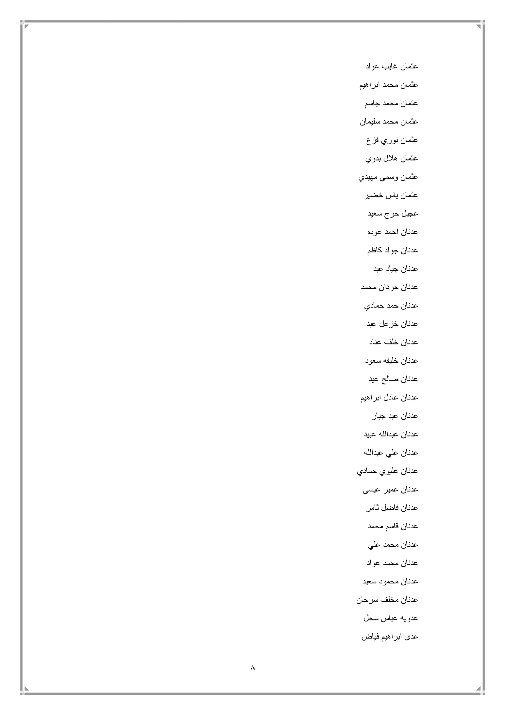 8
‫عواد‬ ‫غايب‬ ‫عثمان‬
‫مح‬ ‫عثمان‬‫ابراهيم‬ ‫مد‬
‫جاسم‬ ‫محمد‬ ‫عثمان‬
‫سليمان‬ ‫محمد‬ ‫عثمان‬
‫فزع‬ ‫نوري‬ ‫عثمان‬
‫بدوي‬ ‫هالل‬ ‫عثمان‬
‫مهيدي‬ ‫وسمي‬ ‫عثمان‬
‫خضير‬ ‫ياس‬ ‫عثمان‬
‫سعيد‬ ‫حرج‬ ‫عجيل‬
‫عوده‬ ‫احمد‬ ‫عدنان‬
‫كاظم‬ ‫جواد‬ ‫عدنان‬
‫عبد‬ ‫جياد‬ ‫عدنان‬
‫محمد‬ ‫حردان‬ ‫عدنان‬
‫حمادي‬ ‫حمد‬ ‫عدنان‬
‫عبد‬ ‫خزعل‬ ‫عدنان‬
‫عناد‬ ‫خلف‬ ‫عدنان‬
‫سعود‬ ‫خليفه‬ ‫عدنان‬
‫عيد‬ ‫صالح‬ ‫عدنان‬
‫ابراهيم‬ ‫عادل‬ ‫عدنان‬
‫جبار‬ ‫عبد‬ ‫عدنان‬
‫عبيد‬ ‫عبدالله‬ ‫عدنان‬
‫عبدالله‬ ‫علي‬ ‫عدنان‬
‫حمادي‬ ‫عليوي‬ ‫عدنان‬
‫عيسى‬ ‫عمير‬ ‫عدنان‬
‫ثامر‬ ‫فاضل‬ ‫عدنان‬
‫محمد‬ ‫قاسم‬ ‫عدنان‬
‫عدنان‬‫علي‬ ‫محمد‬
‫عواد‬ ‫محمد‬ ‫عدنان‬
‫سعيد‬ ‫محمود‬ ‫عدنان‬
‫سرحان‬ ‫مخلف‬ ‫عدنان‬
‫سحل‬ ‫عباس‬ ‫عدويه‬
‫فياض‬ ‫ابراهيم‬ ‫عدى‬
 
