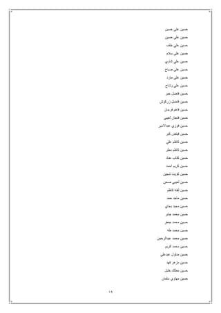 19
‫حسين‬ ‫علي‬ ‫حسين‬
‫حسين‬ ‫علي‬ ‫حسين‬
‫خلف‬ ‫علي‬ ‫حسين‬
‫سالم‬ ‫علي‬ ‫حسين‬
‫شاوي‬ ‫علي‬ ‫حسين‬
‫صباح‬ ‫علي‬ ‫حسين‬
‫مارد‬ ‫علي‬ ‫حسين‬
‫وشاح‬ ‫علي‬ ‫حسين‬
‫جبر‬ ‫فاضل‬ ‫حسين‬
‫زركوش‬ ‫فاضل‬ ‫حسين‬
‫فرحان‬ ‫فاهم‬ ‫حسين‬
‫لعيبي‬ ‫فنجان‬ ‫حسين‬
‫عبداالمير‬ ‫فوزي‬ ‫حسين‬
‫كب‬ ‫فياض‬ ‫حسين‬‫ر‬
‫علي‬ ‫كاظم‬ ‫حسين‬
‫مطر‬ ‫كاظم‬ ‫حسين‬
‫عناد‬ ‫كتاب‬ ‫حسين‬
‫احمد‬ ‫كريم‬ ‫حسين‬
‫شجين‬ ‫كويت‬ ‫حسين‬
‫صحن‬ ‫لعيبي‬ ‫حسين‬
‫كاظم‬ ‫لفته‬ ‫حسين‬
‫حمد‬ ‫ماجد‬ ‫حسين‬
‫بجاي‬ ‫مجيد‬ ‫حسين‬
‫جابر‬ ‫محمد‬ ‫حسين‬
‫جعفر‬ ‫محمد‬ ‫حسين‬
‫طه‬ ‫محمد‬ ‫حسين‬
‫عبدالرحمن‬ ‫محمد‬ ‫حسين‬
‫كريم‬ ‫محمد‬ ‫حسين‬
‫عبدعلي‬ ‫مدلول‬ ‫حسين‬
‫فهد‬ ‫مزهر‬ ‫حسين‬
‫خل‬ ‫مطلك‬ ‫حسين‬‫يل‬
‫سلمان‬ ‫مهاوي‬ ‫حسين‬
 