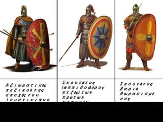 Αξιωματικός
πεζικού της
εποχής του
Ιουστινιανο
ύ (6ος αιώνας
μ.Χ.)
Σκουτάτος
(ασπιδοφόρος
πεζός) των
πρώτων
γραμμών
κρούσης (950-100
μ.Χ.)
Σκουτάτος
βαριά
θωρακισμέ
νος
(10ος-11ος αι.)
 