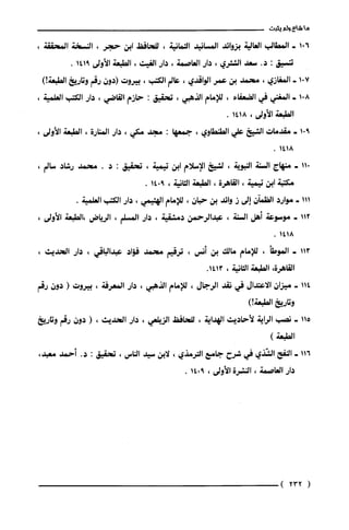 ‫ما‬‫شاع‬‫ولم‬‫يثبت‬
601-‫المطالب‬‫العالية‬‫بزوائد‬‫المسانيد‬‫العمانية‬،‫للحافظ‬‫ابن‬‫حجر‬،‫الن!سخة‬،‫المحققة‬
‫تنسيق‬:‫د‬.‫سعد‬‫الشـري‬،‫دار‬‫العاصمة‬،‫دار‬‫الغيث‬،‫الطبعة‬‫الأولى‬9141.
701-‫المغازي‬،ّ‫محمد‬‫بن‬‫عمر‬‫الواقدي‬،‫عالم‬‫الكتب‬،‫بيروت‬‫(دون‬‫رقم‬‫وتاريخ‬‫الطبعة‬)!
801-‫المغني‬‫في‬‫الضعفاء‬،‫للإمام‬‫الذهبي‬،‫تحقيق‬:‫حازم‬‫القاضي‬،‫دار‬‫الكتب‬،‫العلمية‬
‫الطبعة‬‫الأولى‬،1418.
901-‫مقدمات‬‫الشيخ‬‫علي‬‫الطنطاوي‬،‫جمعها‬:‫مجد‬‫مكي‬،‫دار‬‫المنارة‬،‫الطبعة‬،‫الأولى‬
1418.
11.-‫منهاج‬‫السنة‬‫النبوية‬،‫لشيخ‬‫الإسلام‬‫ابن‬‫تيمية‬،‫تحقيق‬:‫د‬.‫محمد‬‫رشاد‬،‫سالم‬
‫مكتبة‬‫ابن‬‫تيمية‬،‫القاهرة‬،‫الطبعة‬‫الثانية‬،9014.
111-‫موارد‬‫الظماَن‬‫إلى‬‫ز‬‫وائد‬‫بن‬‫حبان‬،‫للإمام‬‫الهثيمي‬،‫دار‬‫الكتب‬.‫العلمية‬
112-‫موسوعة‬‫أهل‬‫السنة‬،‫عبدالرحمن‬‫دمشقية‬،‫دار‬‫المسلم‬،‫الرياض‬‫،الطبعة‬،‫الأولى‬
1418.
113-‫الموطأ‬،‫للإمام‬‫مالك‬‫بن‬‫أنس‬،‫ترقيم‬‫محمد‬‫فؤاد‬‫عبدالباقي‬،‫دار‬،‫الحديث‬
‫القاهرة‬،‫الطبعة‬‫الثانية‬،.1413
114-‫ميزان‬‫الّاعتدال‬‫في‬‫نقد‬‫الرجال‬،‫للإمام‬‫الذهبي‬،‫دار‬‫المعرفة‬،‫بيروت‬(‫دون‬‫رقم‬
‫وتاريخ‬‫الطبعة‬)‫إ‬
115-‫نصب‬‫الراية‬‫لأحاديث‬‫الهداية‬،‫للحافظ‬‫الزيلعي‬،‫دار‬‫الحديث‬،(‫دون‬‫رقم‬‫وتاريخ‬
)‫الطبعة‬
116-‫النفح‬‫الشّذي‬‫في‬‫شرح‬‫جامع‬‫الترمذي‬،‫لّابن‬‫سيد‬‫الناس‬،‫تحقيق‬:.‫د‬‫أحمد‬،‫معبد‬
‫دار‬‫العاصمة‬،‫النشرة‬‫الأولى‬،9014.
(232)
 