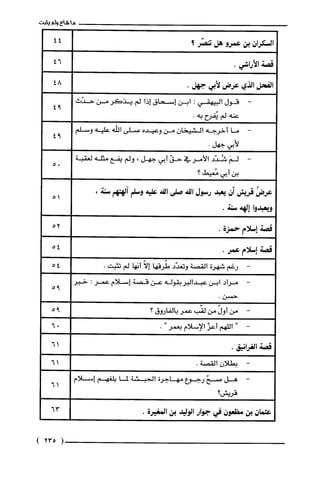 ‫السكران‬‫بن‬‫عمرو‬‫هل‬‫تنصّر؟‬
‫قصة‬.‫الأراشي‬
‫الفحل‬‫الذي‬‫عرض‬‫لأبي‬.‫جهل‬
-‫قول‬‫البيهقي‬:‫ابن‬‫إسحاق‬‫إذا‬‫لم‬ُ‫يذكر‬‫من‬‫حدّث‬
‫عنه‬‫لم‬‫يُفرح‬.‫به‬
-‫ما‬‫أخرجه‬‫الشيخان‬‫من‬‫وعيده‬‫صلى‬‫اللّه‬‫عليه‬‫وسلم‬
‫لأبي‬.‫جهل‬
-َ‫لم‬‫شُدّد‬‫الأمر‬‫في‬ّ‫حق‬‫أبي‬‫جهل‬،‫ولم‬‫يقع‬‫مثله‬‫لعقبة‬
‫بن‬‫أبي‬‫مُعيط؟‬
ُ‫عرض‬‫قريش‬‫أن‬‫يعبد‬‫رسول‬‫الله‬‫صلى‬‫الله‬‫علية‬‫وسلم‬‫آلهتهم‬،‫سنة‬
‫ويعبدوا‬‫إلهه‬.‫سنة‬
‫قصة‬‫إسلام‬‫حمزة‬.
‫ما‬‫شاع‬‫ولم‬‫يثبت‬
44
46
48
94
94
51
52
‫قصة‬‫إسلام‬.‫عمر‬
-‫رغم‬‫شهرُة‬‫القصة‬‫وتعدّد‬‫طُرقها‬ّ‫إلا‬‫أنها‬‫لم‬.‫تثبت‬
-‫مراد‬‫ابن‬‫عبدالبربقوله‬‫عن‬‫قصة‬‫إسلام‬‫عمر‬:‫خبر‬
.‫حسن‬
‫من‬‫أول‬‫من‬‫لقّب‬‫عمر‬‫بالفاروق‬‫؟‬
"‫اللهم‬ّ‫أعز‬‫الإسلام‬‫بعمر‬".
‫قصة‬.‫الغرانيق‬
-‫بطلان‬.‫القصة‬
-‫هل‬ّ‫صح‬‫رجوع‬‫مهاجرة‬‫الحبشة‬‫لما‬‫بلغهم‬‫إسلام‬
‫قريش؟‬
‫عثمان‬‫بن‬‫مظعون‬‫في‬‫جوار‬‫الوليد‬‫بن‬‫المغيرة‬.
54
54
95
95
61
61
61
63
(235)
 