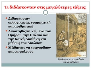 Τι διδάσκονταν στις μεγαλύτερες τάξεις;
Διδάσκονταν
ορθογραφία, γραμματική
και αριθμητική
Αποστήθιζαν κείμενα του
Ομήρου, την Παλαιά και
την Καινή Διαθήκη και
μύθους του Αισώπου
Μάθαιναν να τραγουδούν
και να ψέλνουν
Μάθαιναν να τραγουδούν
και να ψέλνουν
 