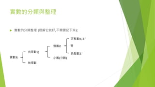 實數的分類與整理
實數ℝ
有理數ℚ
無理數
整數ℤ
小數(分數)
正整數ℕ, ℤ+
負整數ℤ−
零
 實數的分類整理 (理解它就好,不需要記下來):
 
