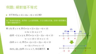 例題: 絕對值不等式
 求不等式 𝑥 + 2 + 2 𝑥 − 4 < 15之解?
解: (1) 若 𝑥 > 4, 原式⇒ 𝑥 + 2 + 2 𝑥 − 4 < 15
⇒ 3𝑥 < 21 ⇒ 𝑥 < 7
(2)若 −2 ≤ 𝑥 ≤ 4, 原式⇒ 𝑥 + 2 − 2 𝑥 − 4 < 15
⇒ −𝑥 + 10 < 15 ⇒ 𝑥 > −5
(3)若 𝑥 < −2, 原式⇒ − 𝑥 + 2 − 2 𝑥 − 4 < 15
⇒ −3𝑥 < 9 ⇒ 𝑥 > −3
由(1), (2), (3)得−3 < 𝑥 < 7, 如右圖所示 ■
為了將絕對值拿掉, 我們對−2,4這兩個點, 分左右邊去討論, 沒有什麼困難的,
只要仔細整理即可
4 7-2-3
(1)
(2)
(3)
4 7-2-3
 